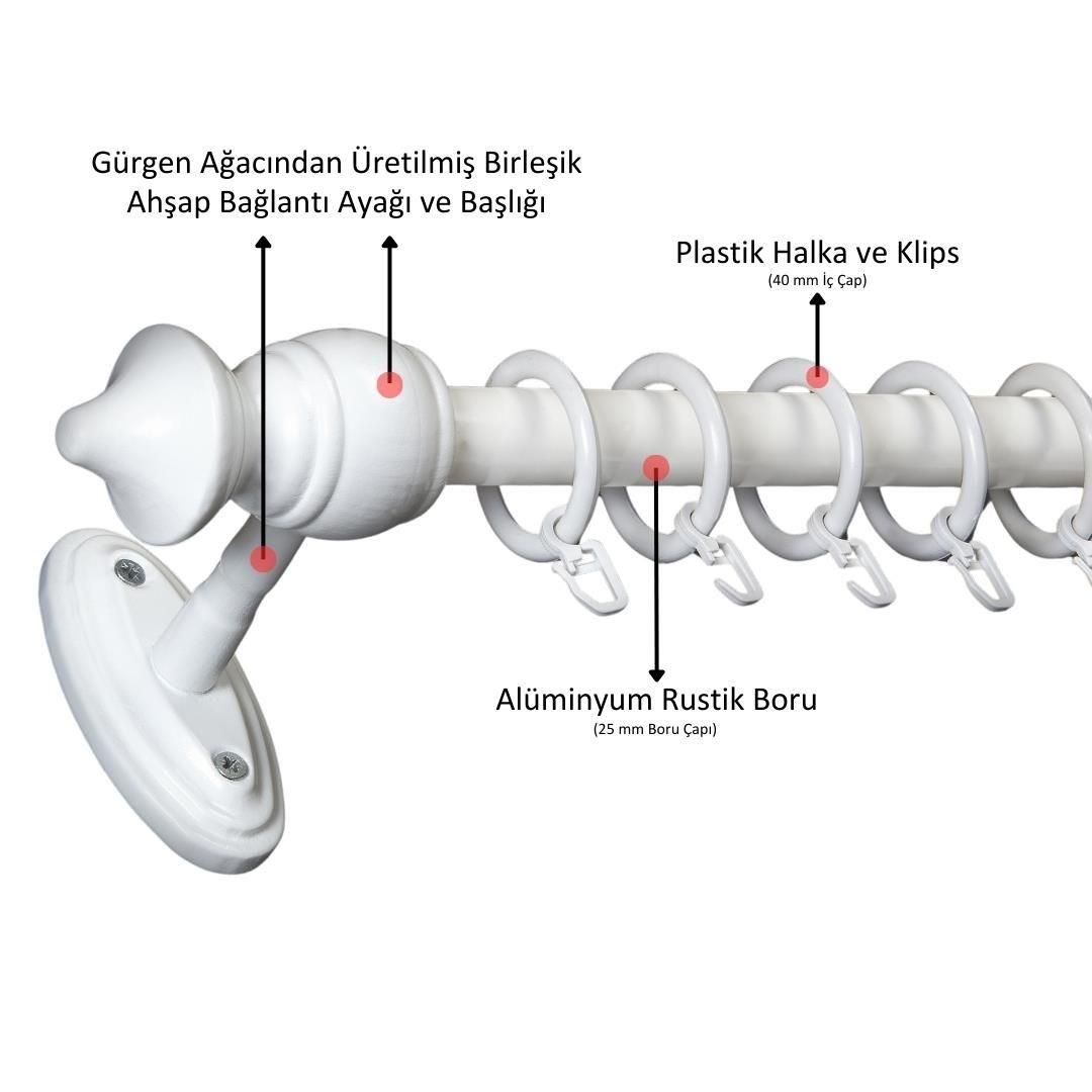 Ahşap Başlıklı Raysız Eko Rustik Perde Askısı (Alüminyum Boru) Plastik Halka ve Klips