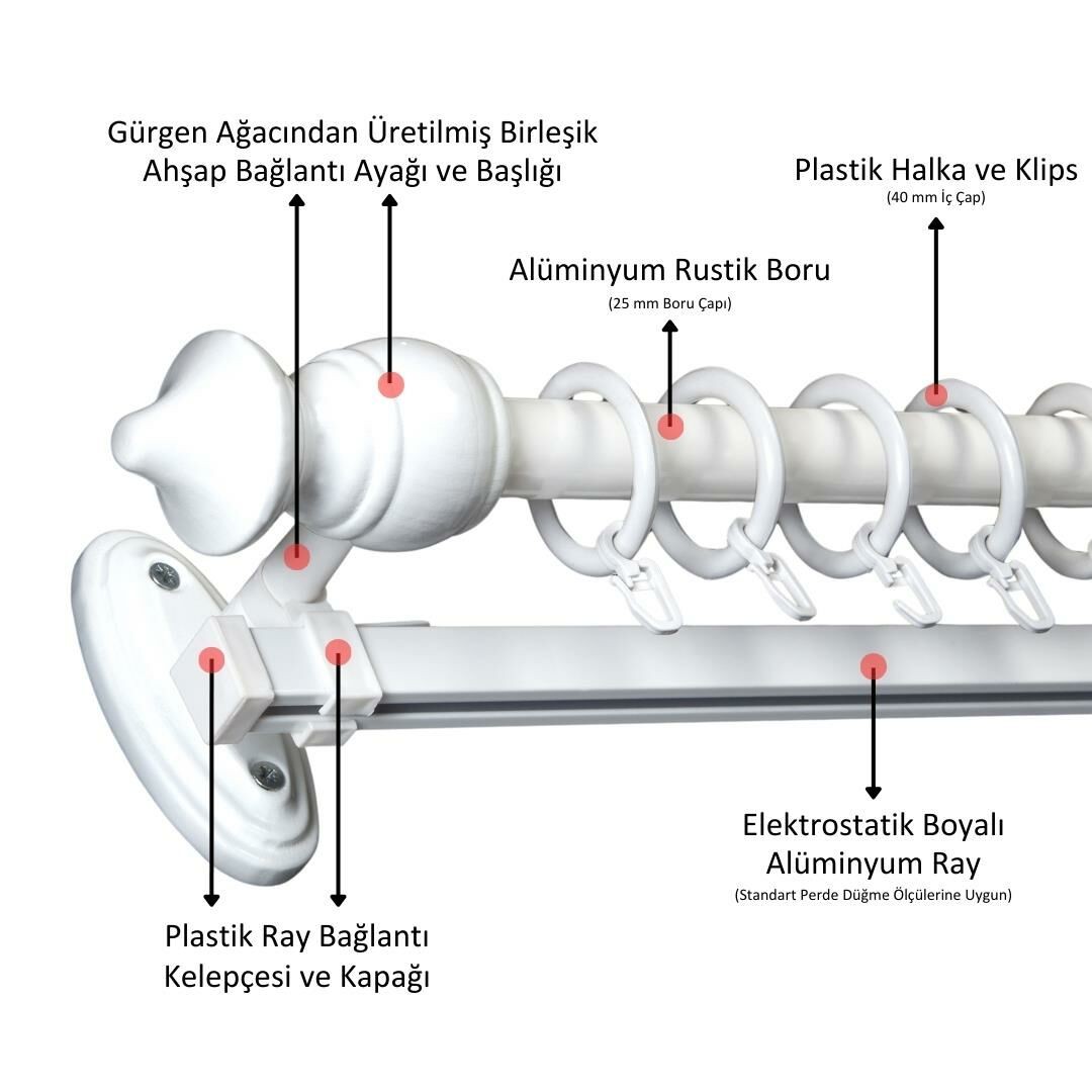 Ahşap Başlıklı Raylı Eko Rustik Perde Askısı (Alüminyum Boru) Plastik Halka ve Klips