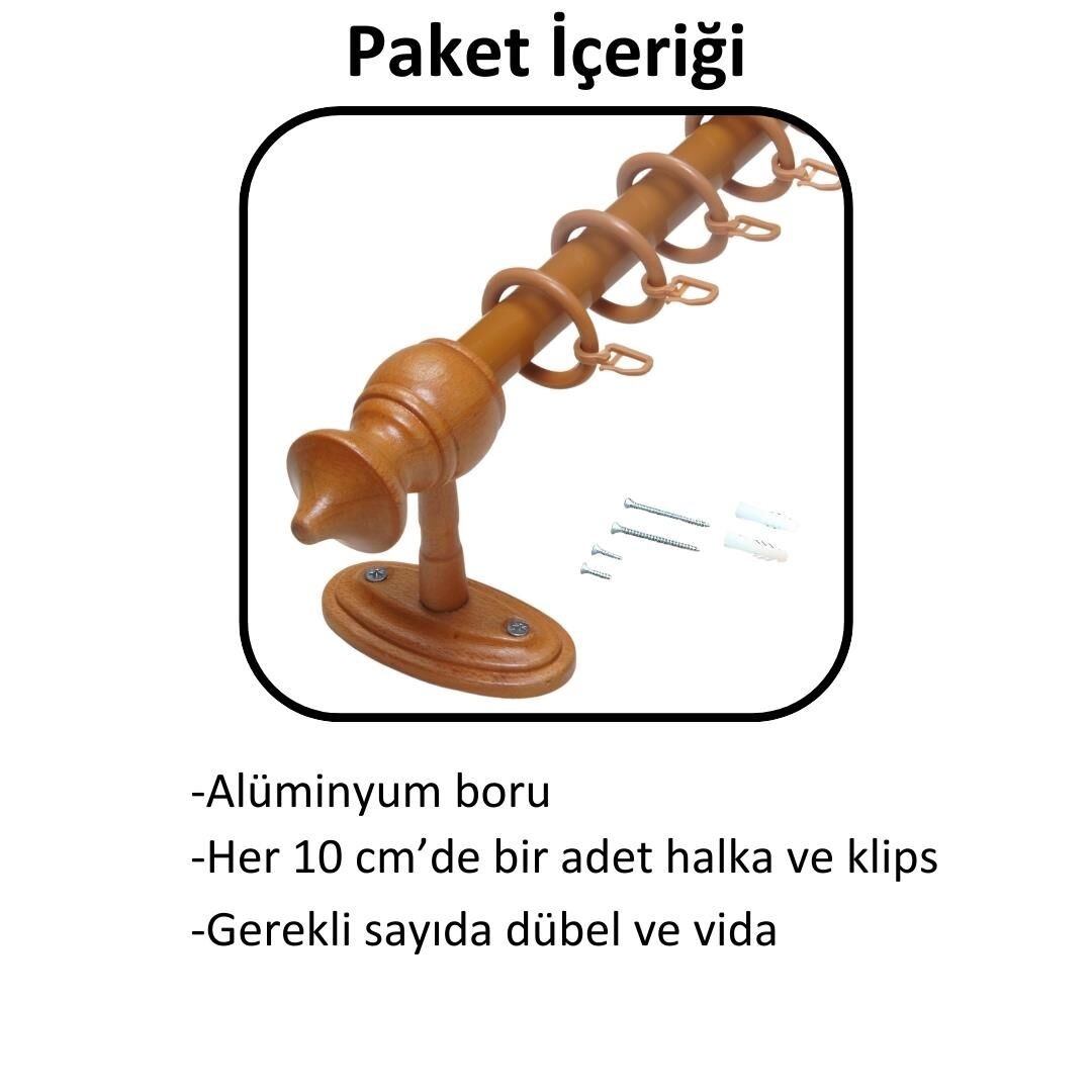 Ahşap Başlıklı Raysız Eko Rustik Perde Askısı (Alüminyum Boru) Plastik Halka ve Klips