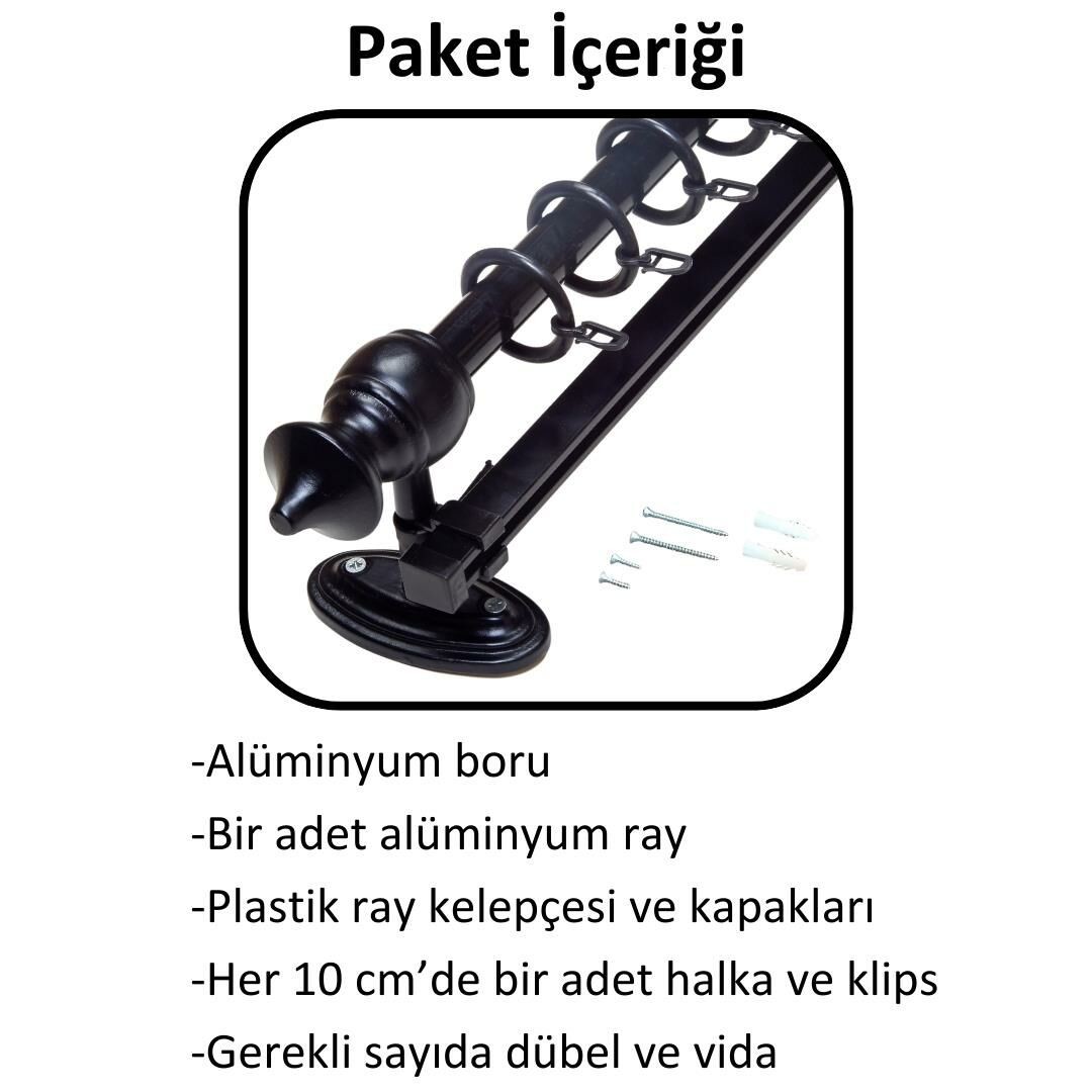 Ahşap Başlıklı Raylı Eko Rustik Perde Askısı (Alüminyum Boru) Plastik Halka ve Klips