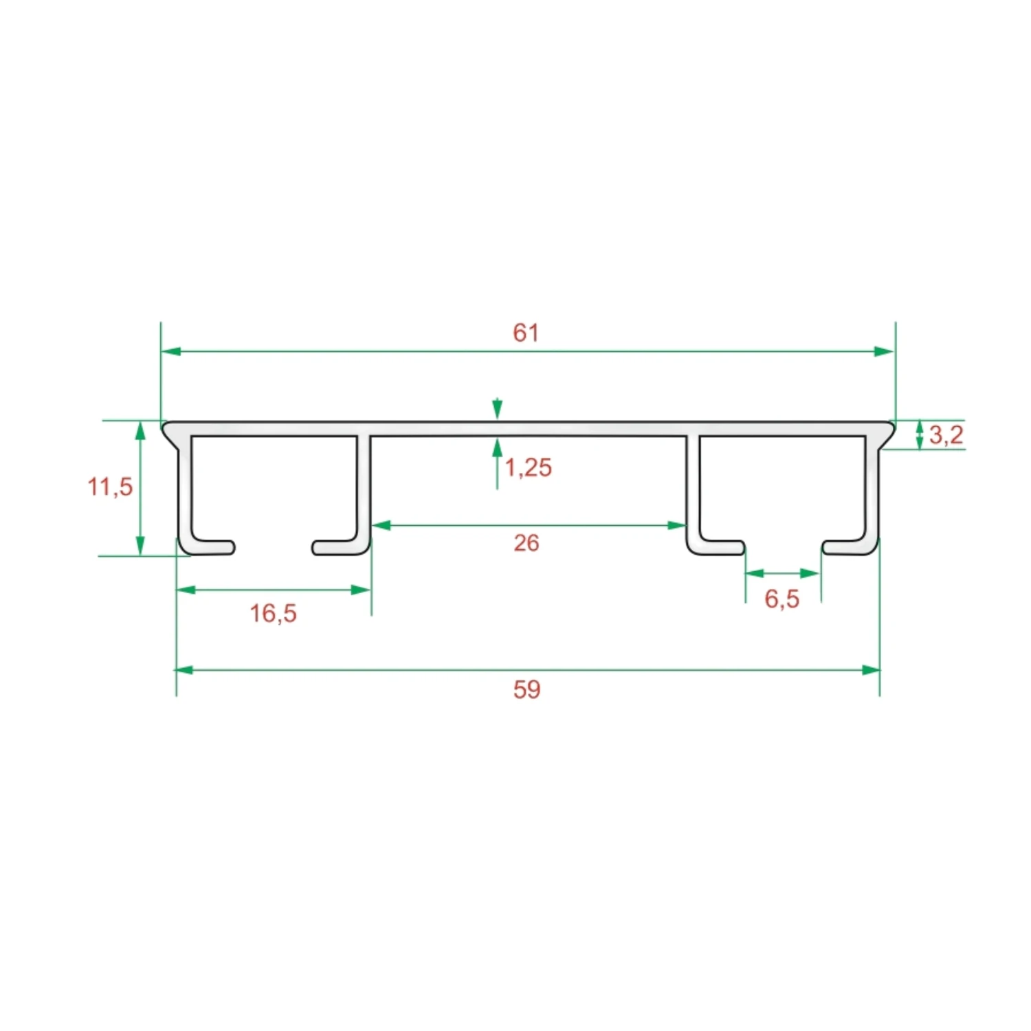 Plastik Kapaklı İki Kanallı Alüminyum Beyaz Perde Rayı (61mm) Kalın İkili Korniş