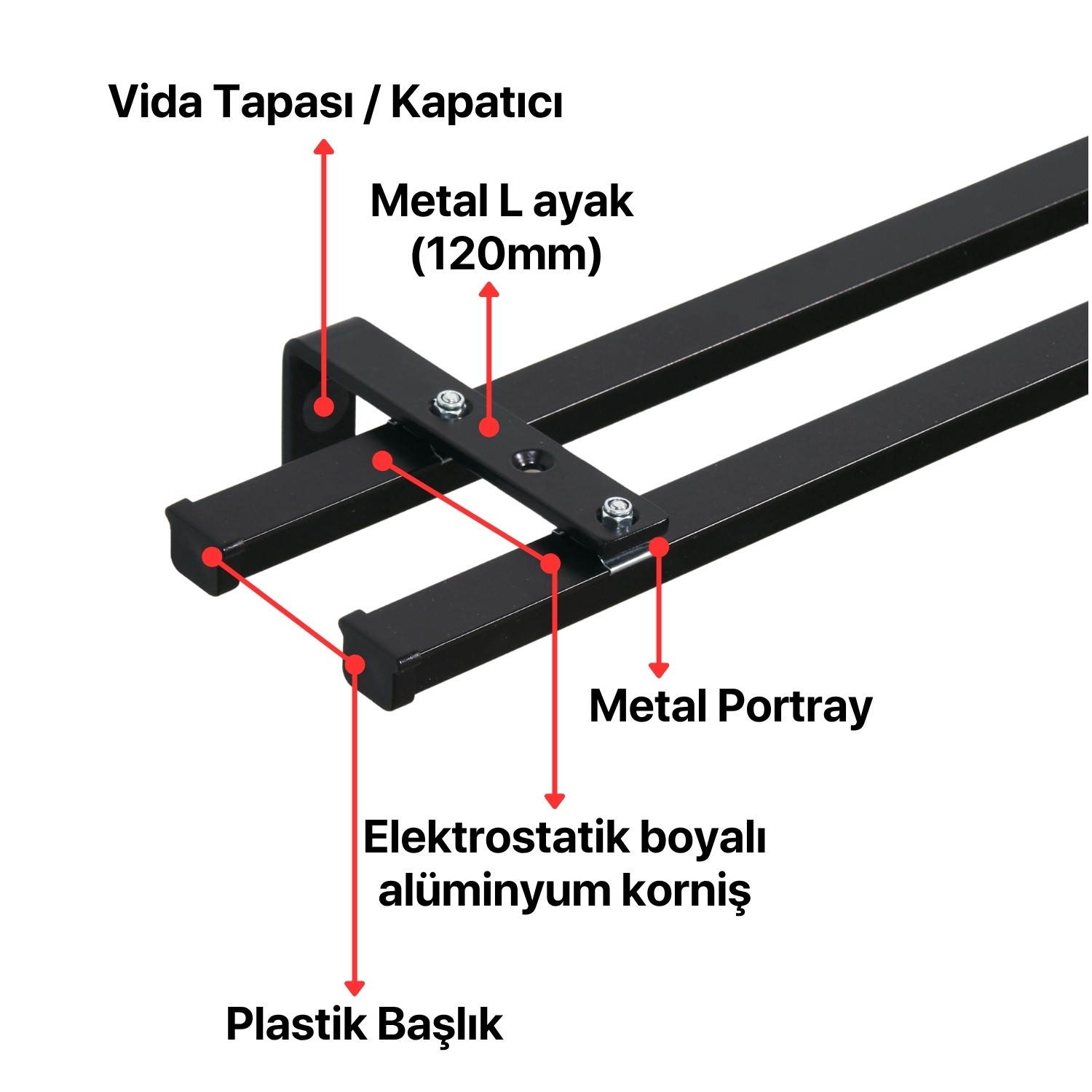 İkili Metal Rustik (120mm) Metal L Duvar Montaj Ayaklı (19mm) Alüminyum Perde Ray Takımı