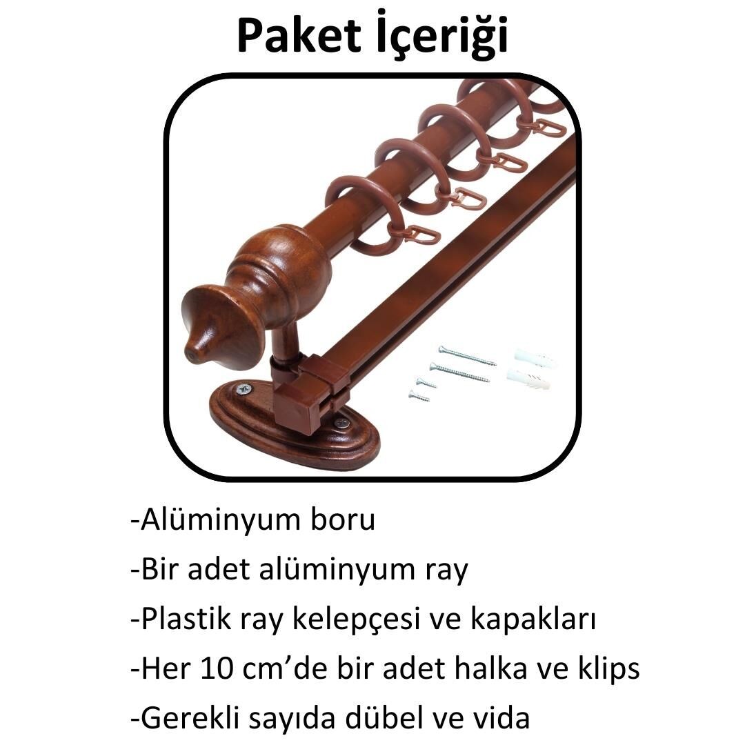 Ahşap Başlıklı Raylı Eko Rustik Perde Askısı (Alüminyum Boru) Plastik Halka ve Klips