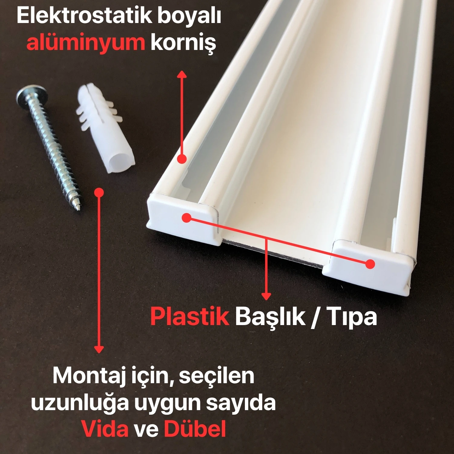 Plastik Kapaklı İki Kanallı Alüminyum Beyaz Perde Rayı (61mm) Kalın İkili Korniş