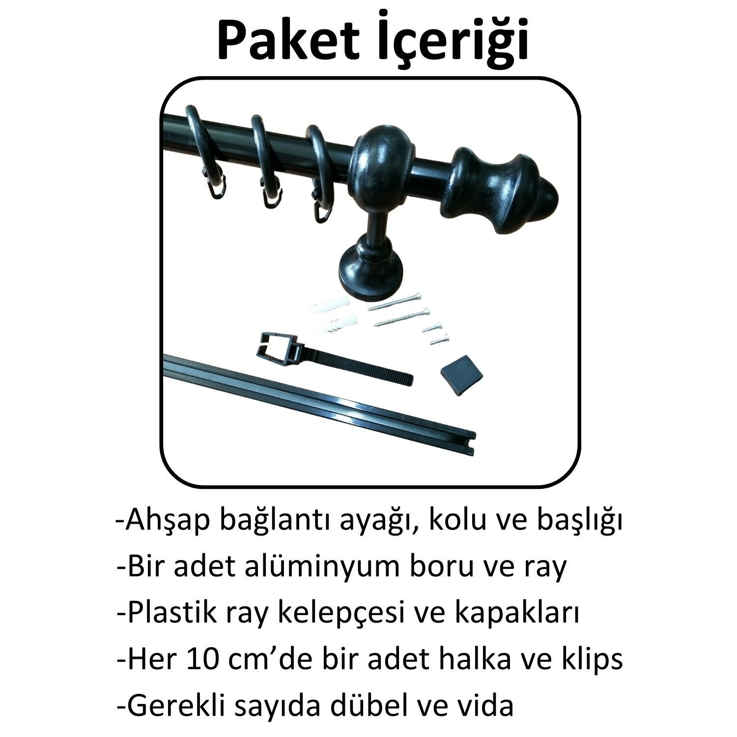 Raylı Ahşap Klasik Rustik Perde Askısı (Alüminyum Boru) Halka ve Klips