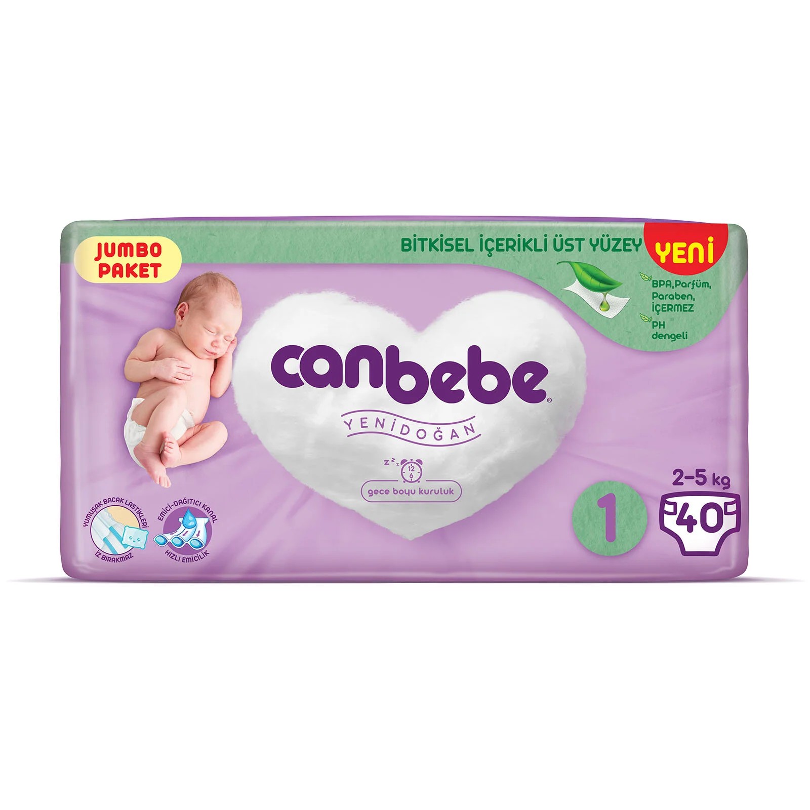 Canbebe 1 Beden Jumbo Paket Yenidoğan Bebek Bezi 2-5 kg 40 adet