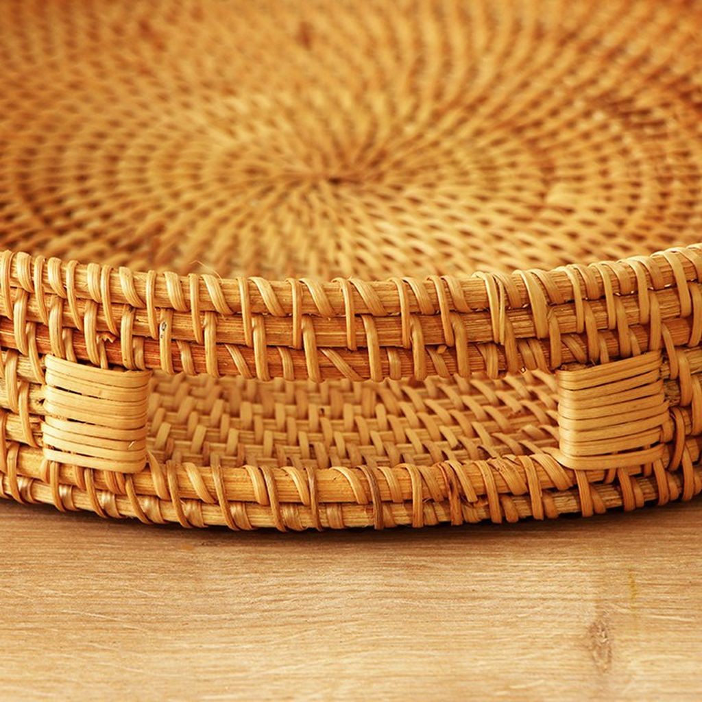 Bohem Rattan Kulplu Yuvarlak Tepsi 35x6 cm Large, Iskandinav, Modern