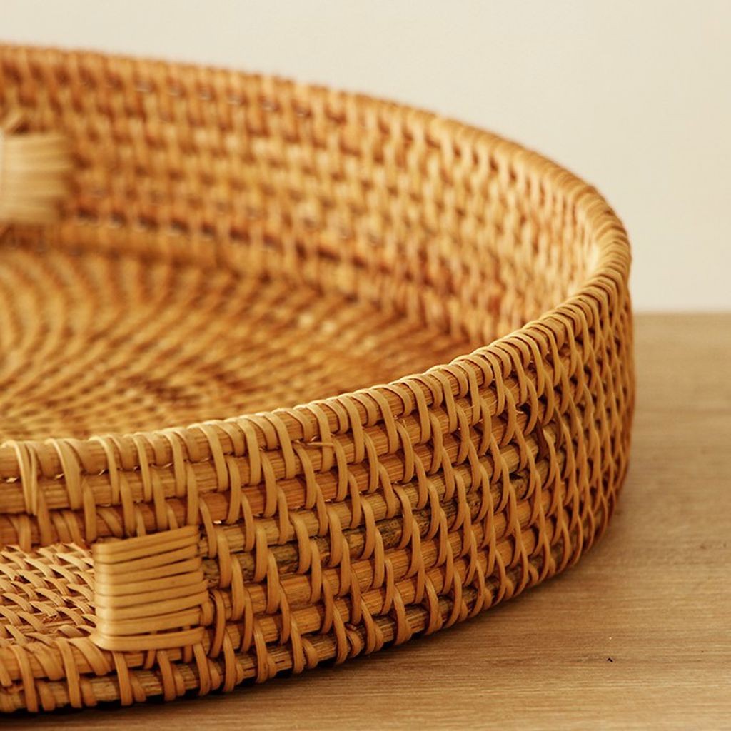 Bohem Rattan Kulplu Yuvarlak Tepsi 35x6 cm Large, Iskandinav, Modern