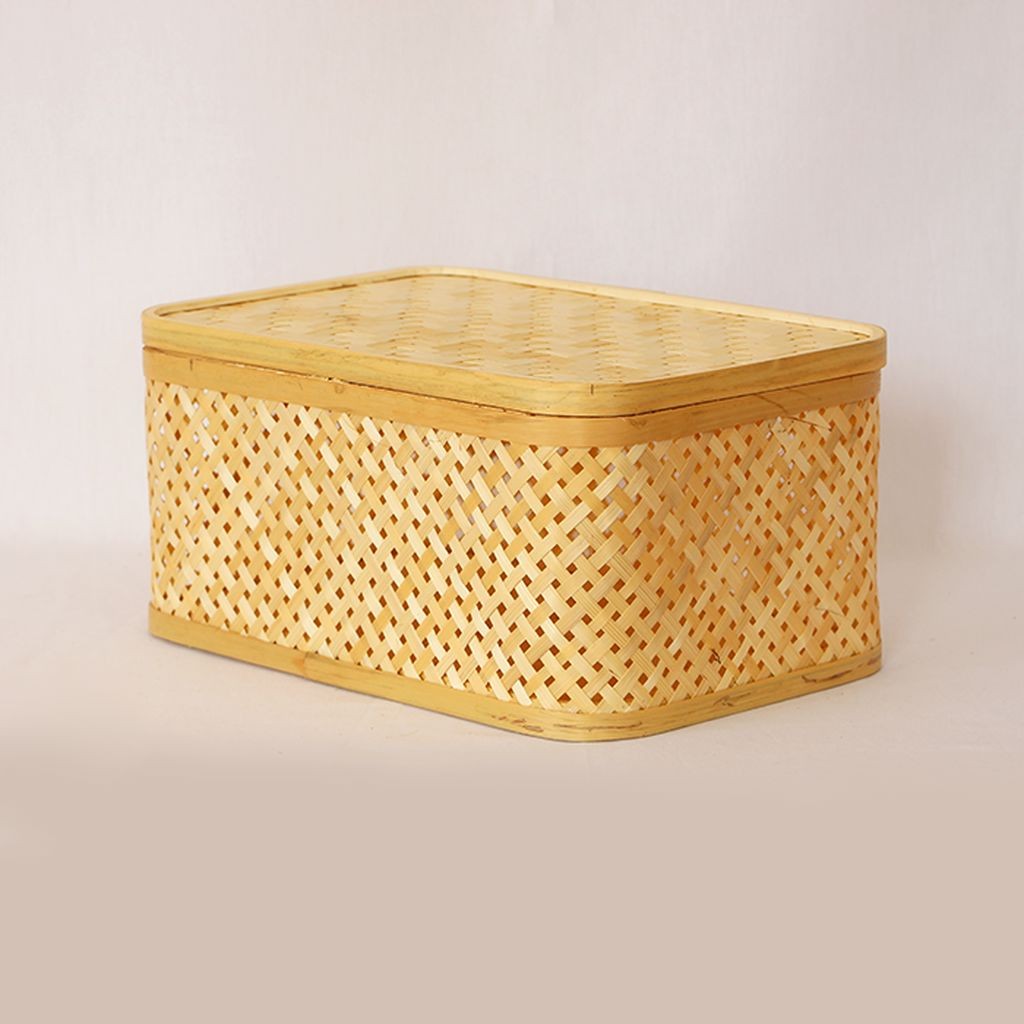 Bohem Dekoratif Kapaklı Bambu Kutu 33 cm, Sepet, Iskandinav, Modern, Rattan