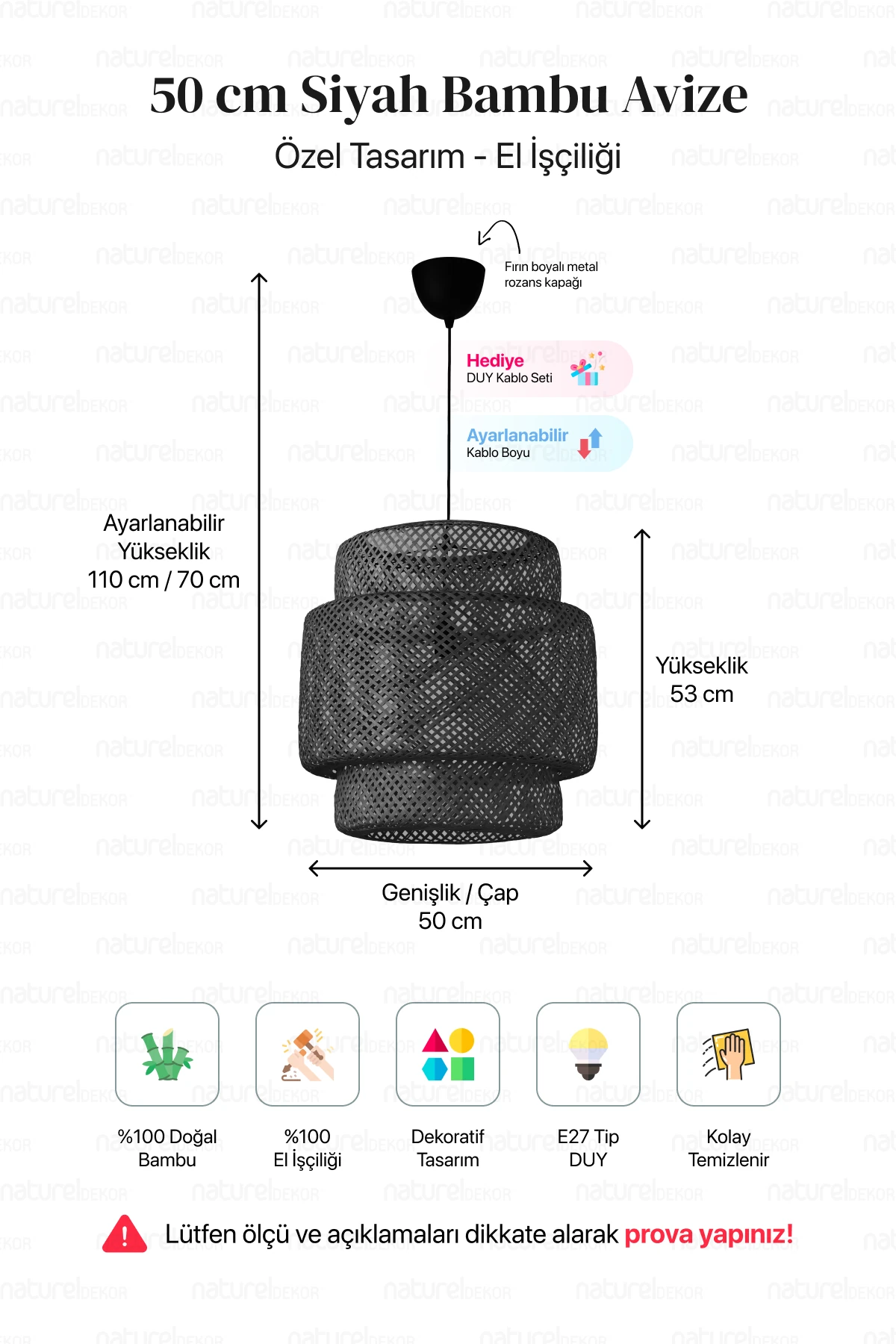 Bambu Siyah Avize 50cm- Bohem, İskandinav, Modern, Rattan, Sinnerlig, Aydınlatma