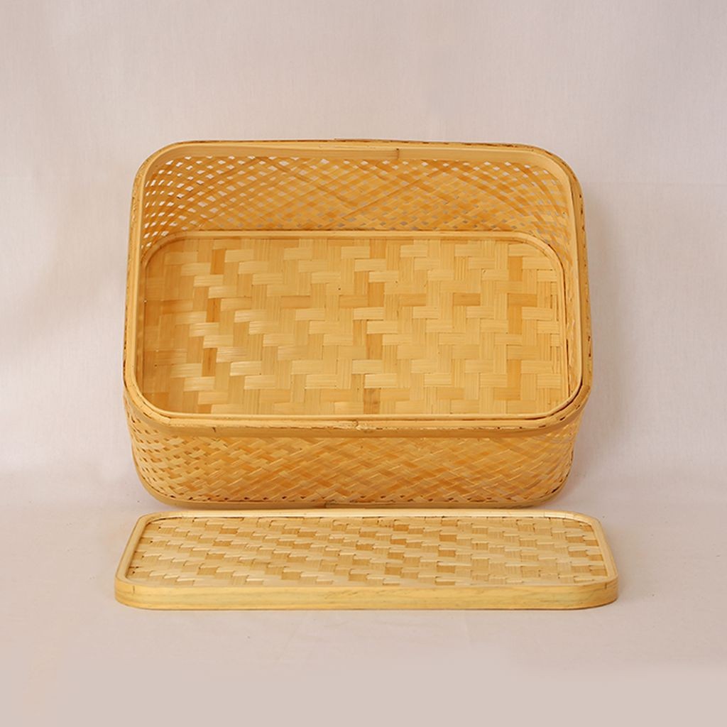 Bohem Dekoratif Kapaklı Bambu Kutu 33 cm, Sepet, Iskandinav, Modern, Rattan