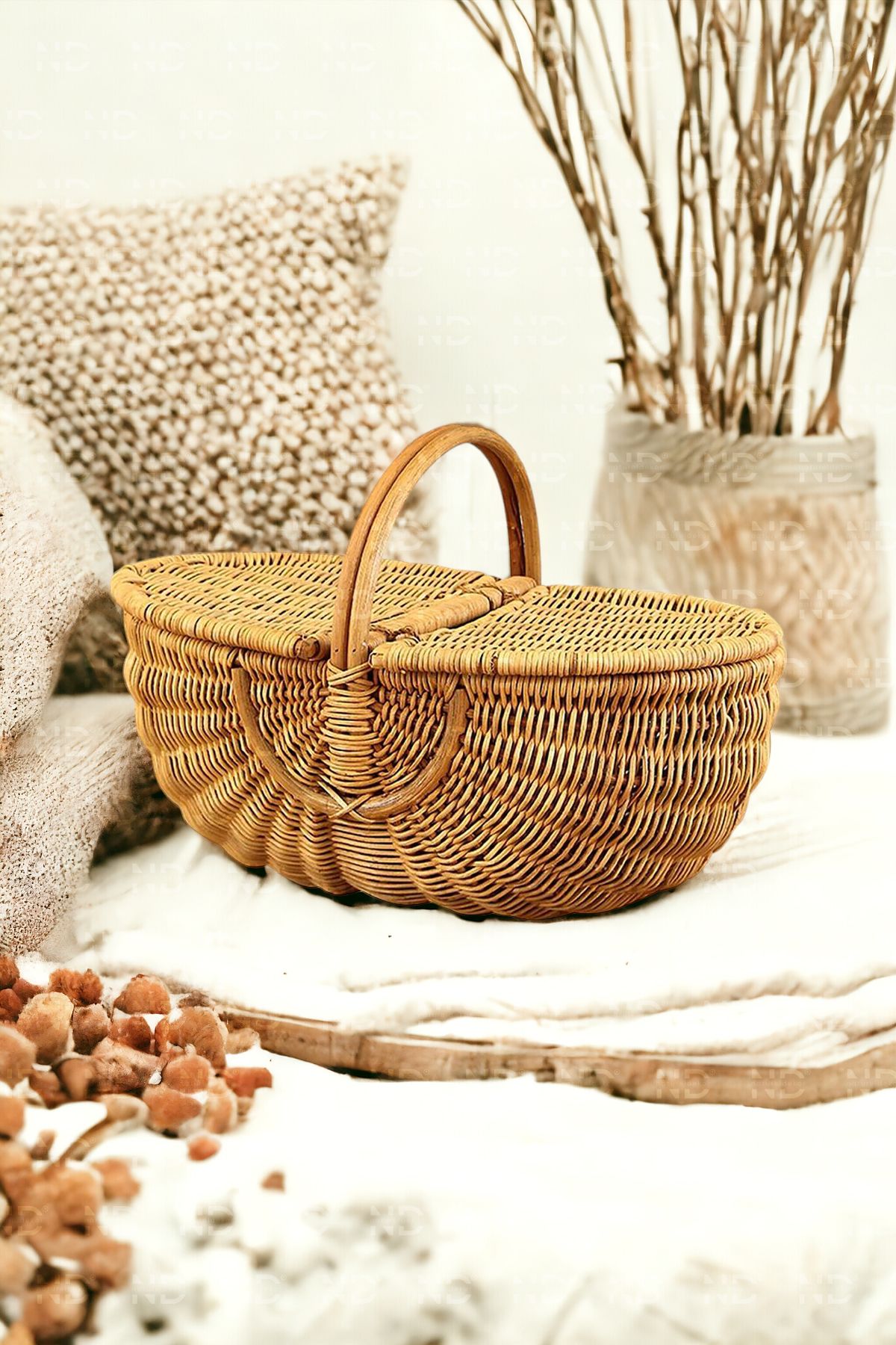 Bohem Large Boy Piknik Sepeti, Brunch Sepeti, Dekoratif Sepet, Iskandinav, Modern, Rattan