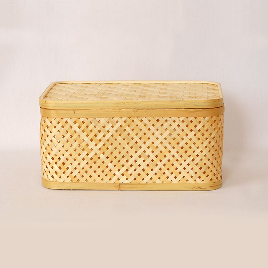 Bohem Dekoratif Kapaklı Bambu Kutu 33 cm, Sepet, Iskandinav, Modern, Rattan
