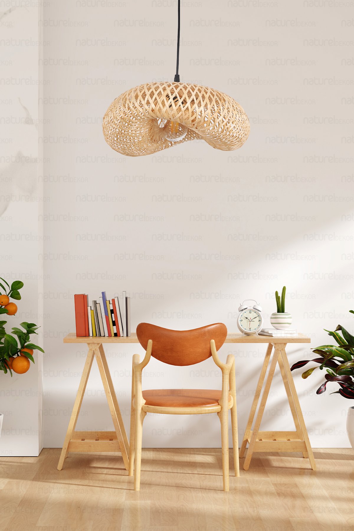 Bambu Elips Sarkıt Avize Lamba 42cm - Iskandinav, Modern, Bohem, Rattan Aydınlatma