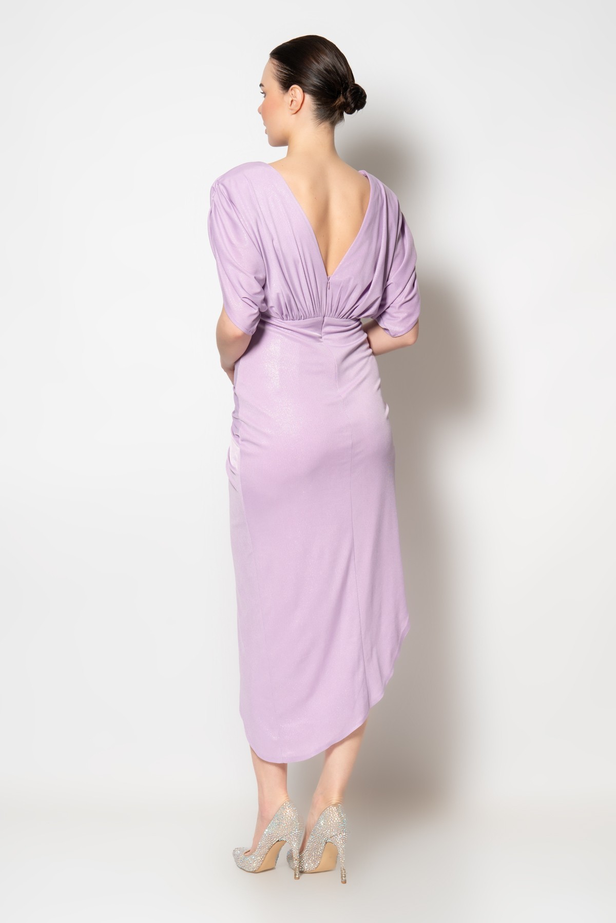 Omzu ve eteği büzgülü örme kumaş abiye elbise - Lila