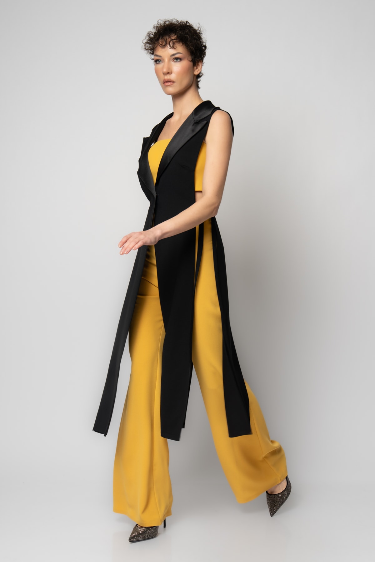 Uzun yelekli crop pantolon üçlü krep abiye takım - Hardal