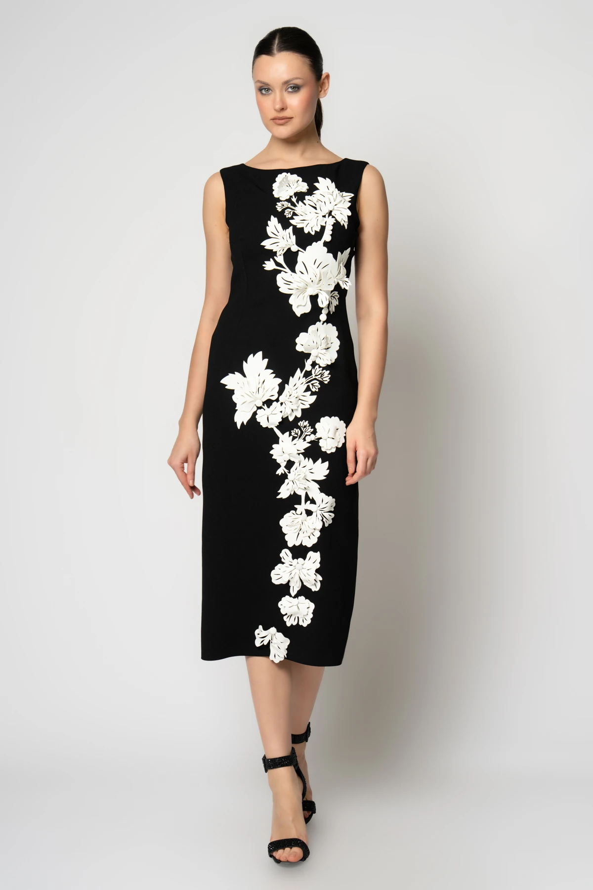 RENGIN branded Sleeveless Crepe Evening Dress with One-Sided 3D Floral ...