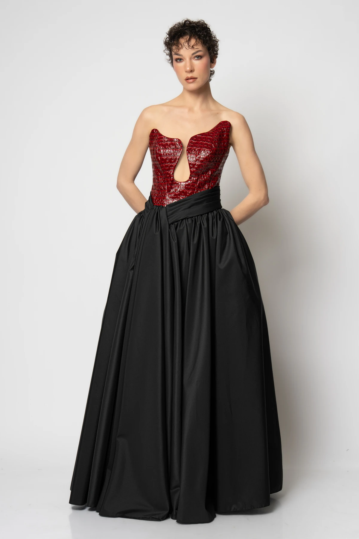 Deri büstiyerli belden parça detaylı tafta etekli abiye elbise - Bordo