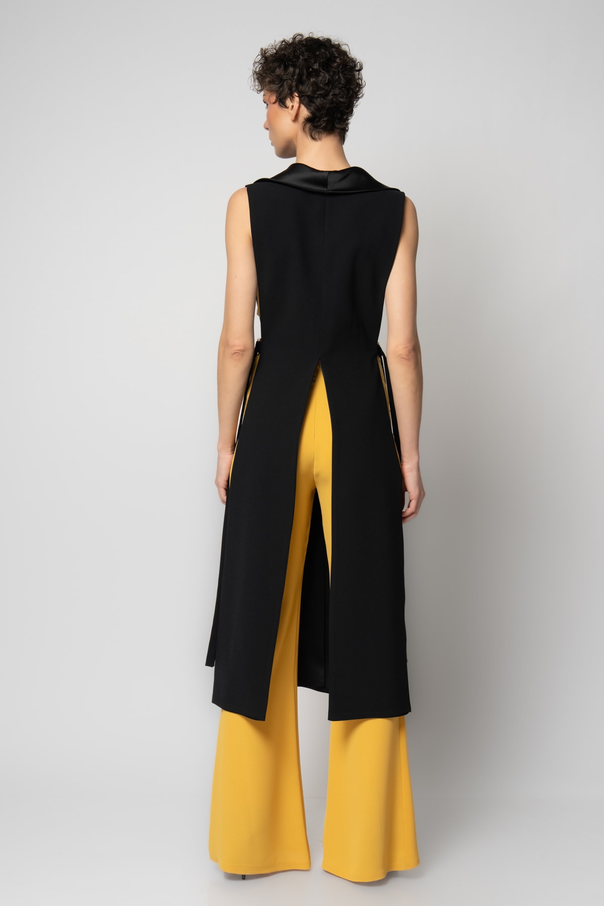 Uzun yelekli crop pantolon üçlü krep abiye takım - Hardal