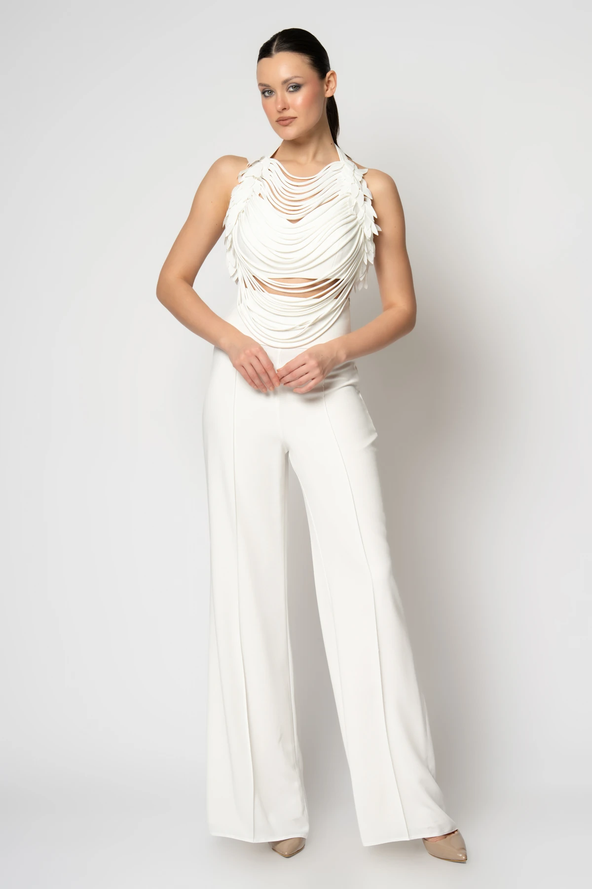 RENGIN branded Crepe Trouser Evening Set with Piped Crop Top and Tie ...