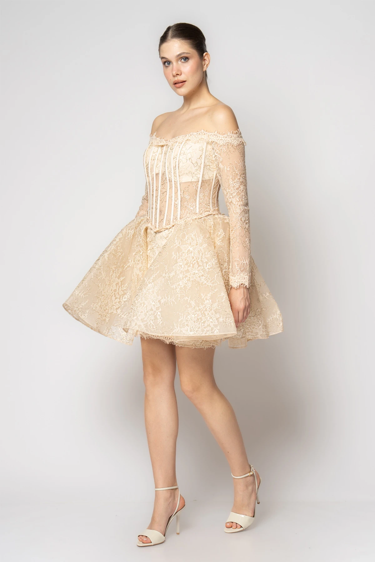 beige dress for graduation Champagne Tiered Tulle Homecoming Dress Off the Shoulder Graduation Dress hc311 Custom Colors / US6 main image 1