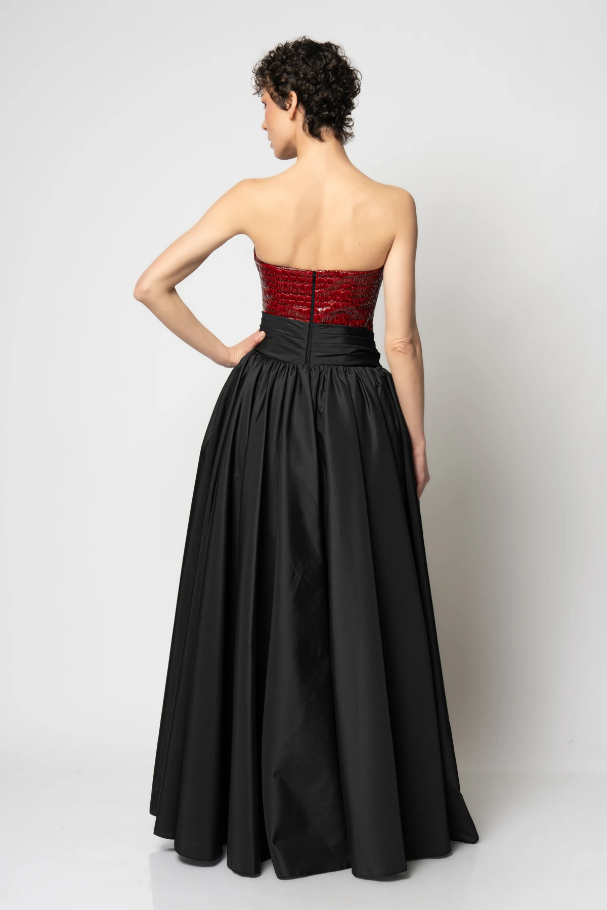 Deri büstiyerli belden parça detaylı tafta etekli abiye elbise - Bordo