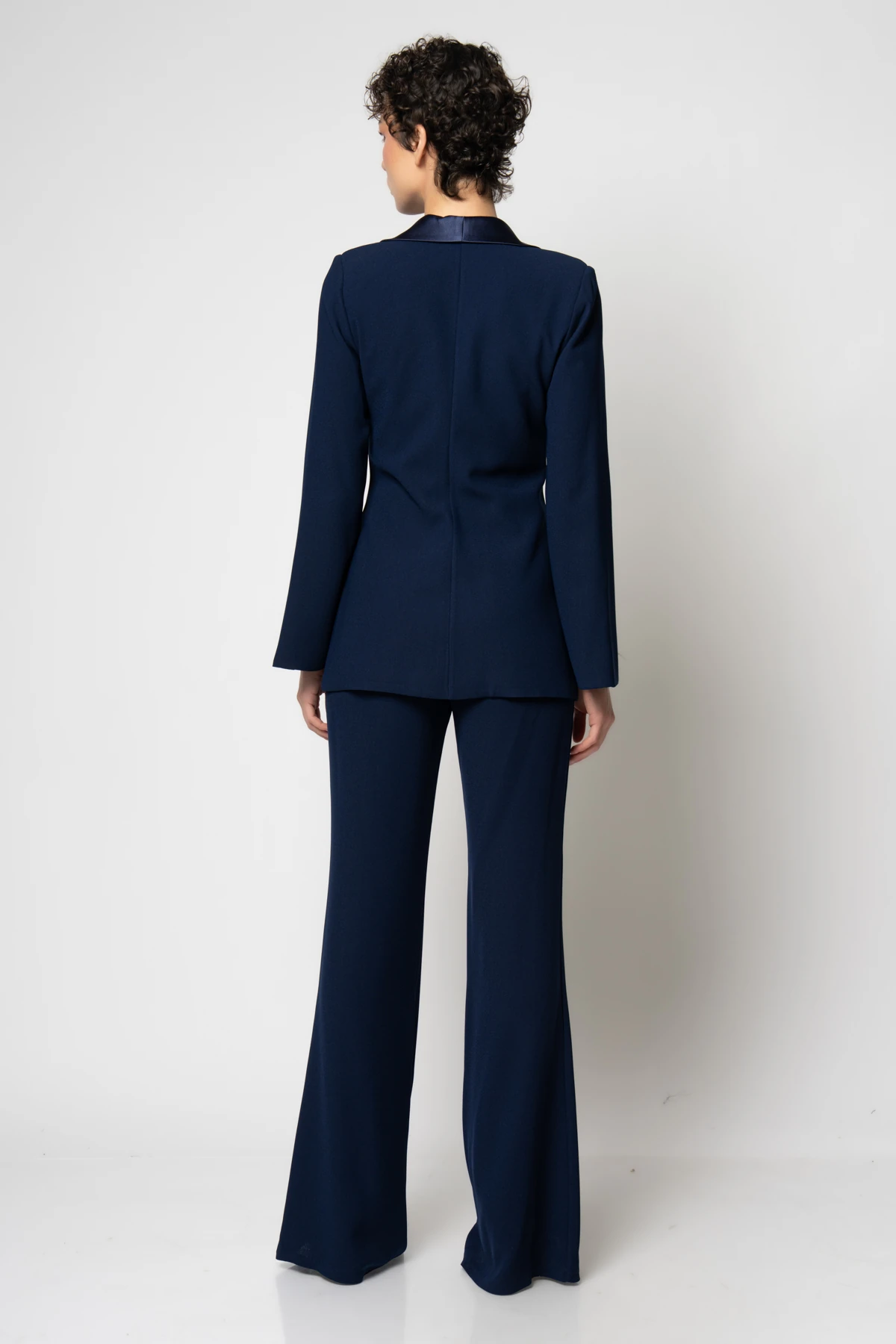 Kuş gözlü detaylı krep ceket krop pantolon üçlü abiye takım - Lacivert