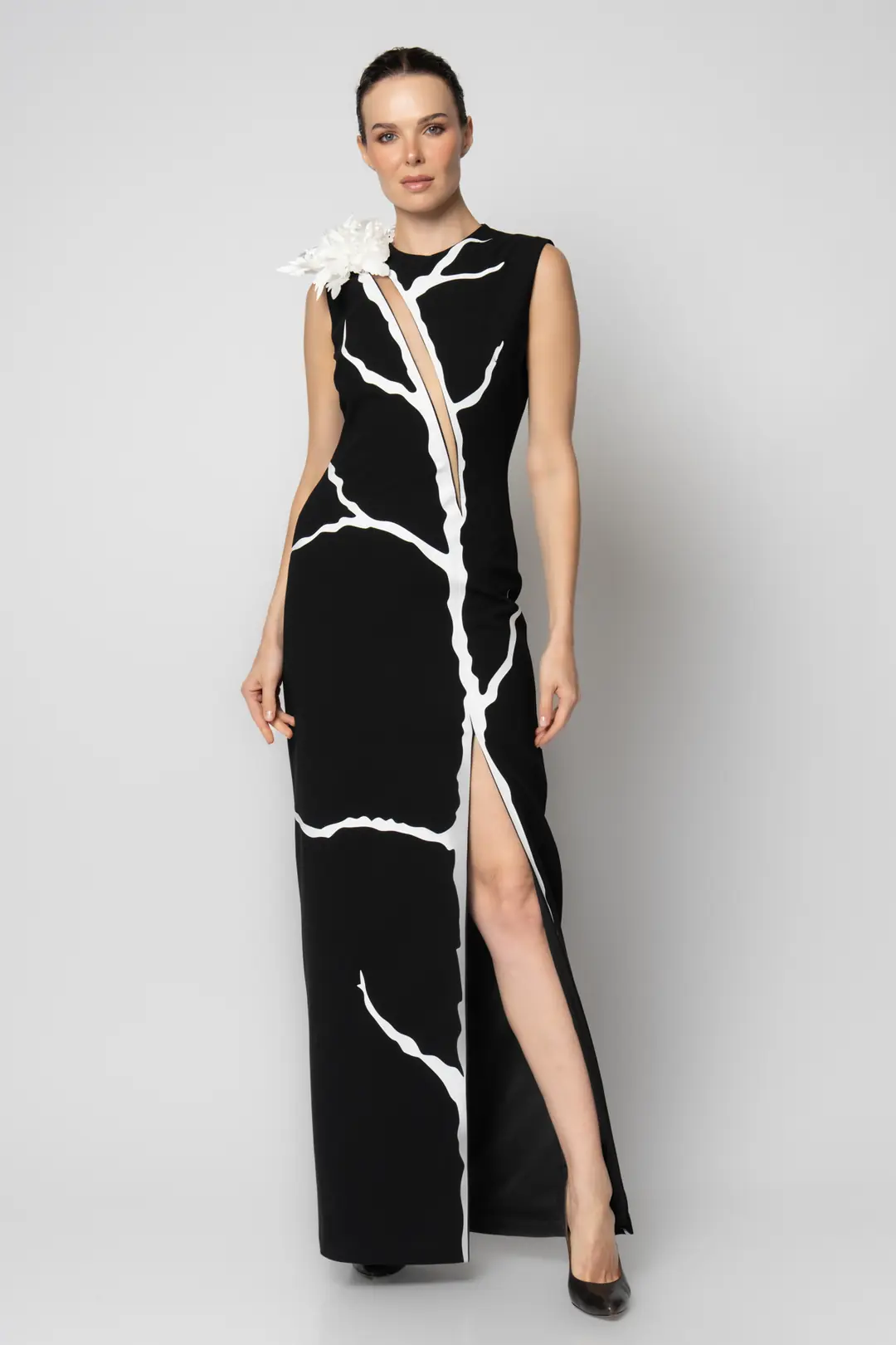 RENGIN branded One-Shoulder Crepe Evening Dress with Floral Detail ...