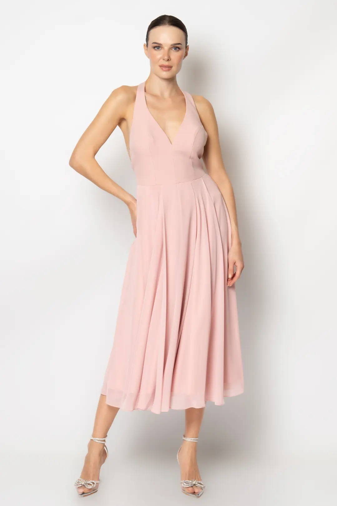 RENGIN branded Chiffon Evening Dress with Row Rose Back Detail ...