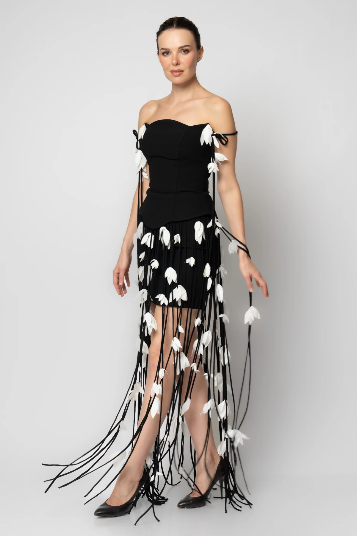RENGIN branded Fringed Hem Scattered Floral Crepe Evening Dress ...