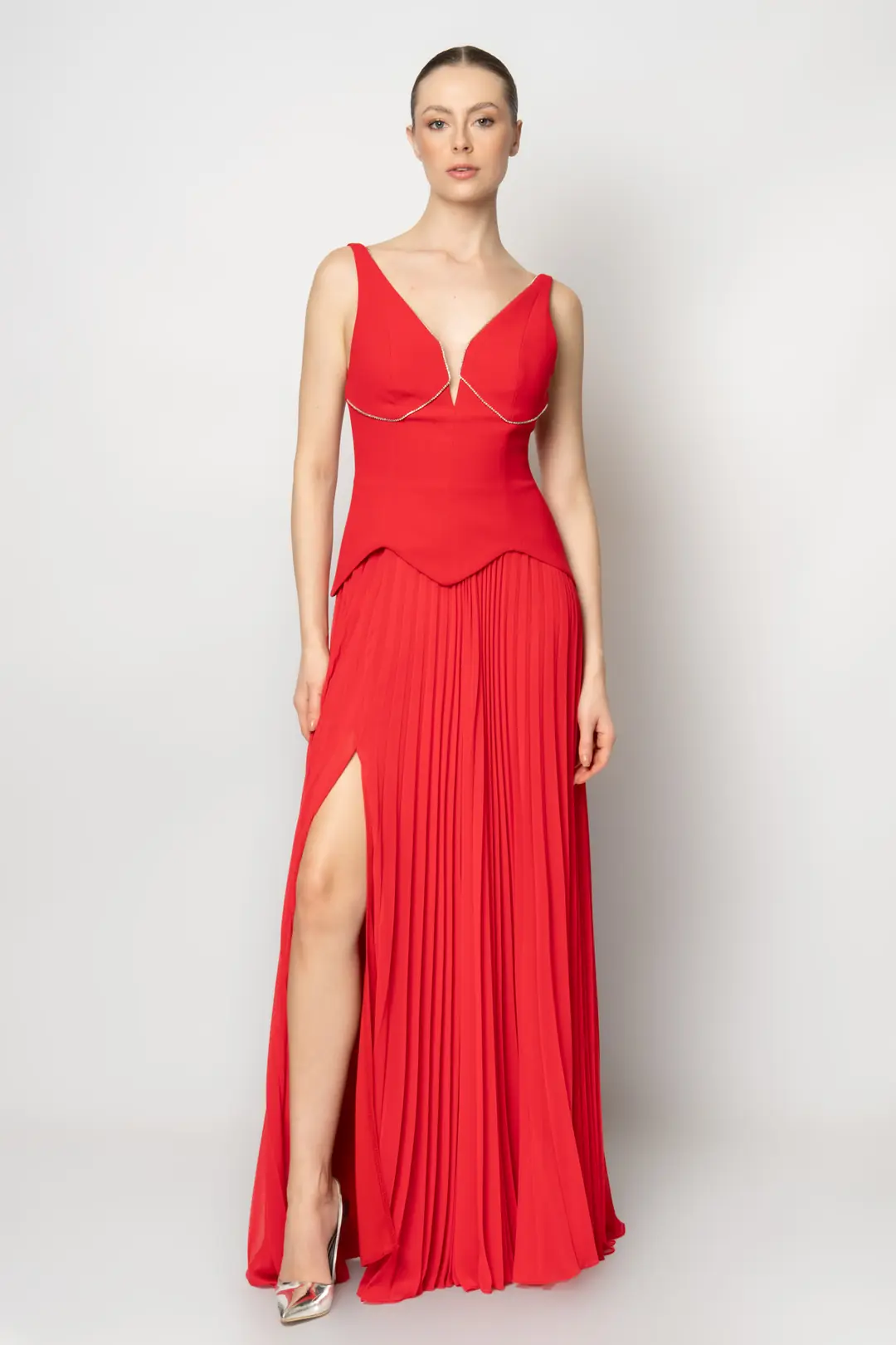 RENGIN branded Chiffon Evening Dress with Crystal Bands at Neckline and ...