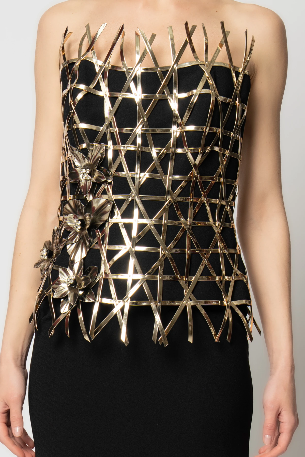 Büstiyeri çapraz örgü deri biyeli krep etekli ikili abiye takım - Siyah