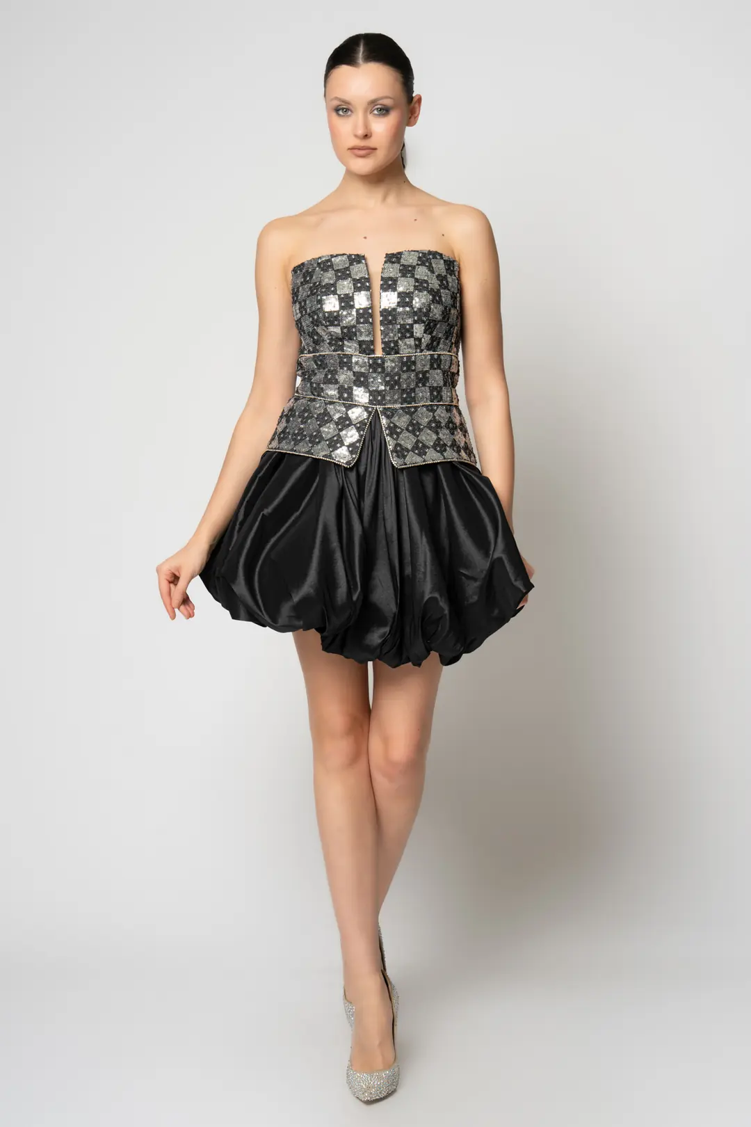 RENGIN branded Evening Dress with Sequin Bustier and Organza-Trim Denim ...