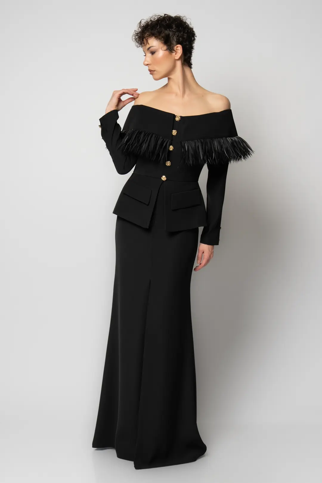 RENGIN branded Crepe Evening Dress with Organza Fringe Yoke and Button ...