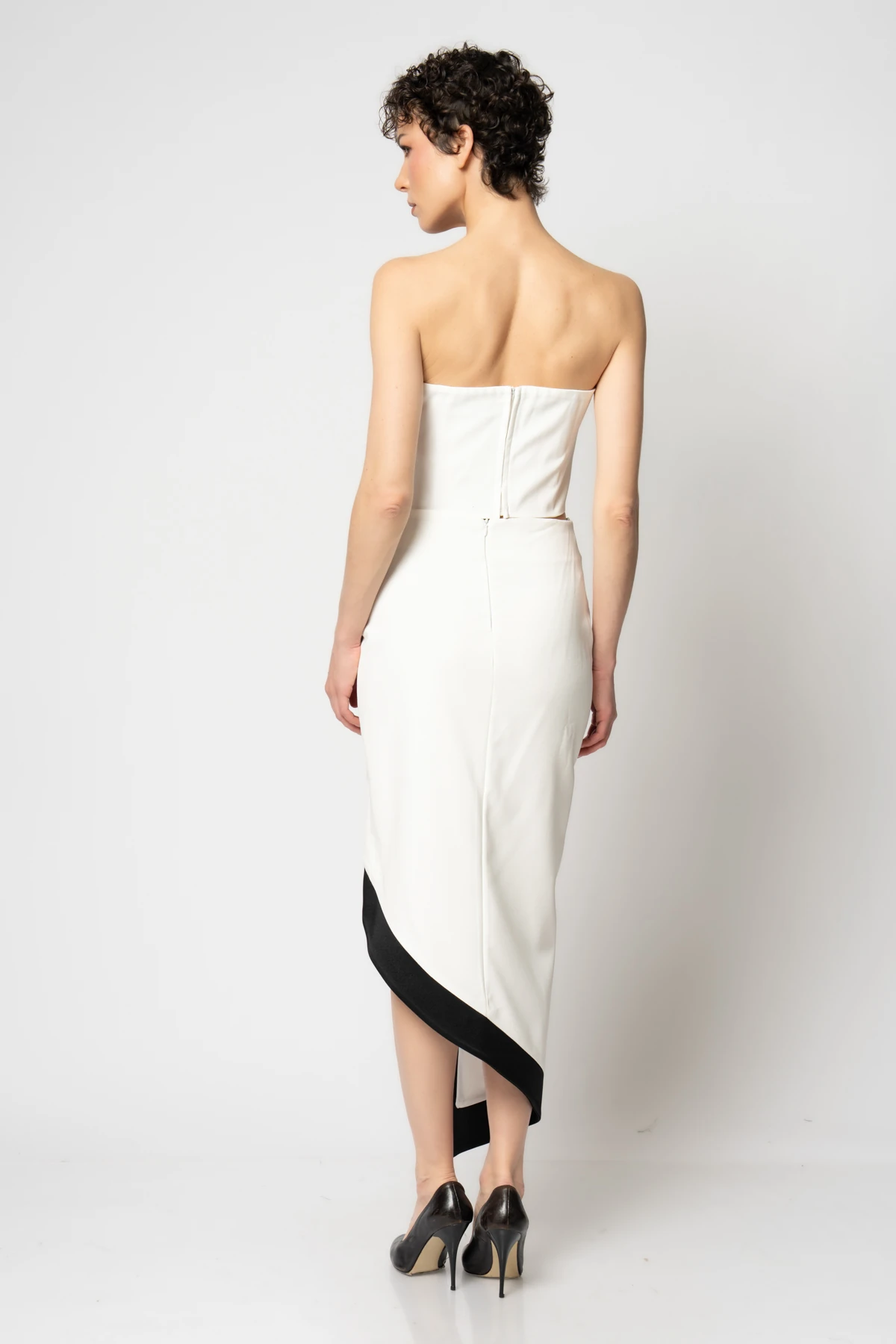 Saten bantlı asimetrik etek büstiyer krep ikili abiye takım - Ekru