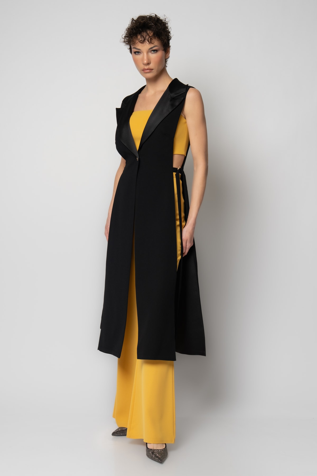 Uzun yelekli crop pantolon üçlü krep abiye takım - Hardal