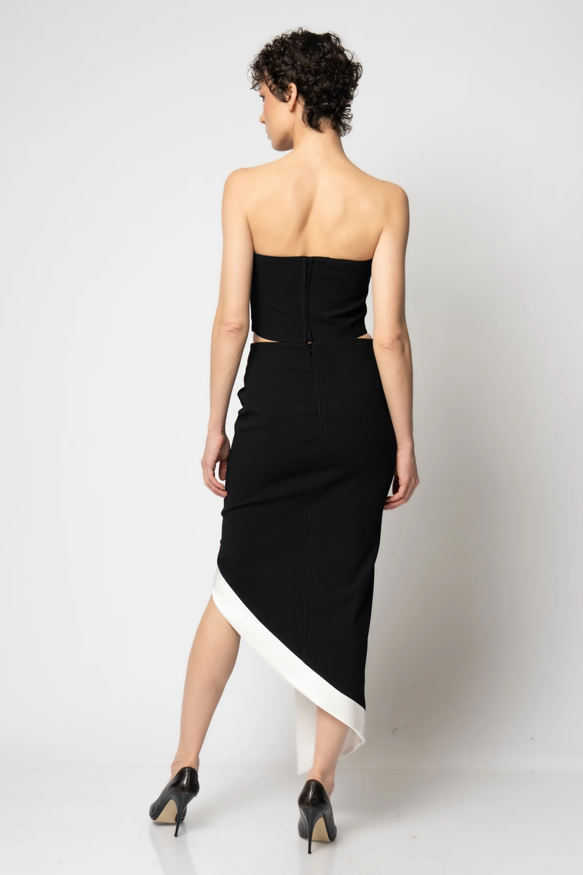 Saten bantlı asimetrik etek büstiyer krep ikili abiye takım - Siyah