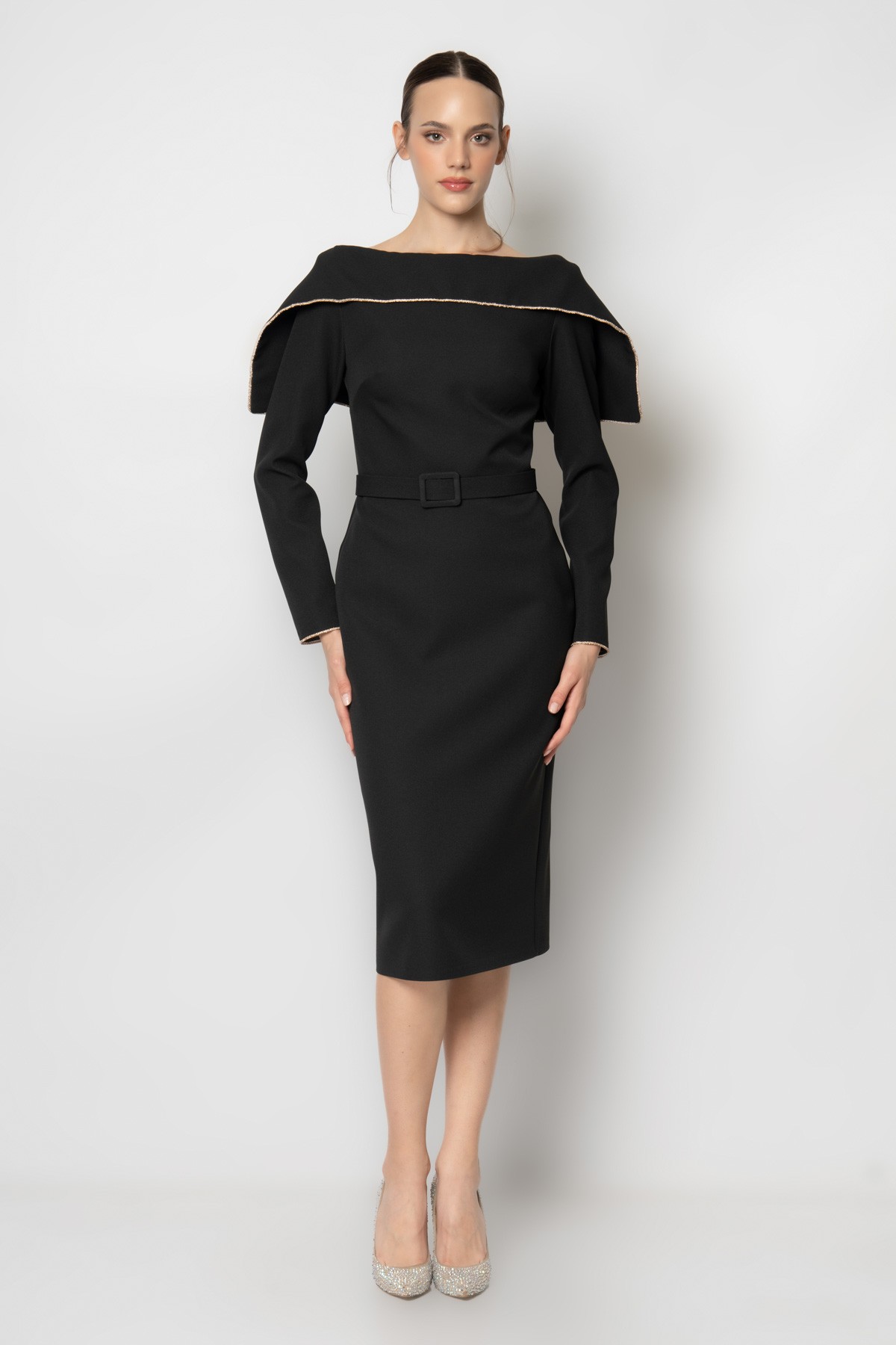 Taş şeritli şal yaka uzun kollu krep abiye elbise - Siyah