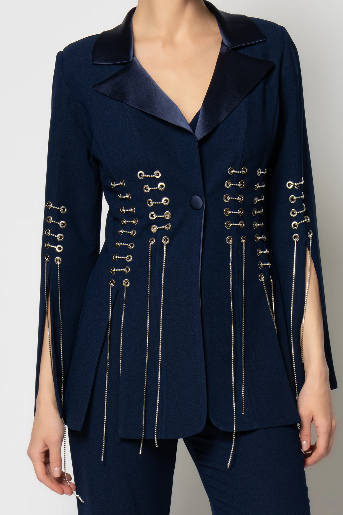 Kuş gözlü detaylı krep ceket krop pantolon üçlü abiye takım - Lacivert