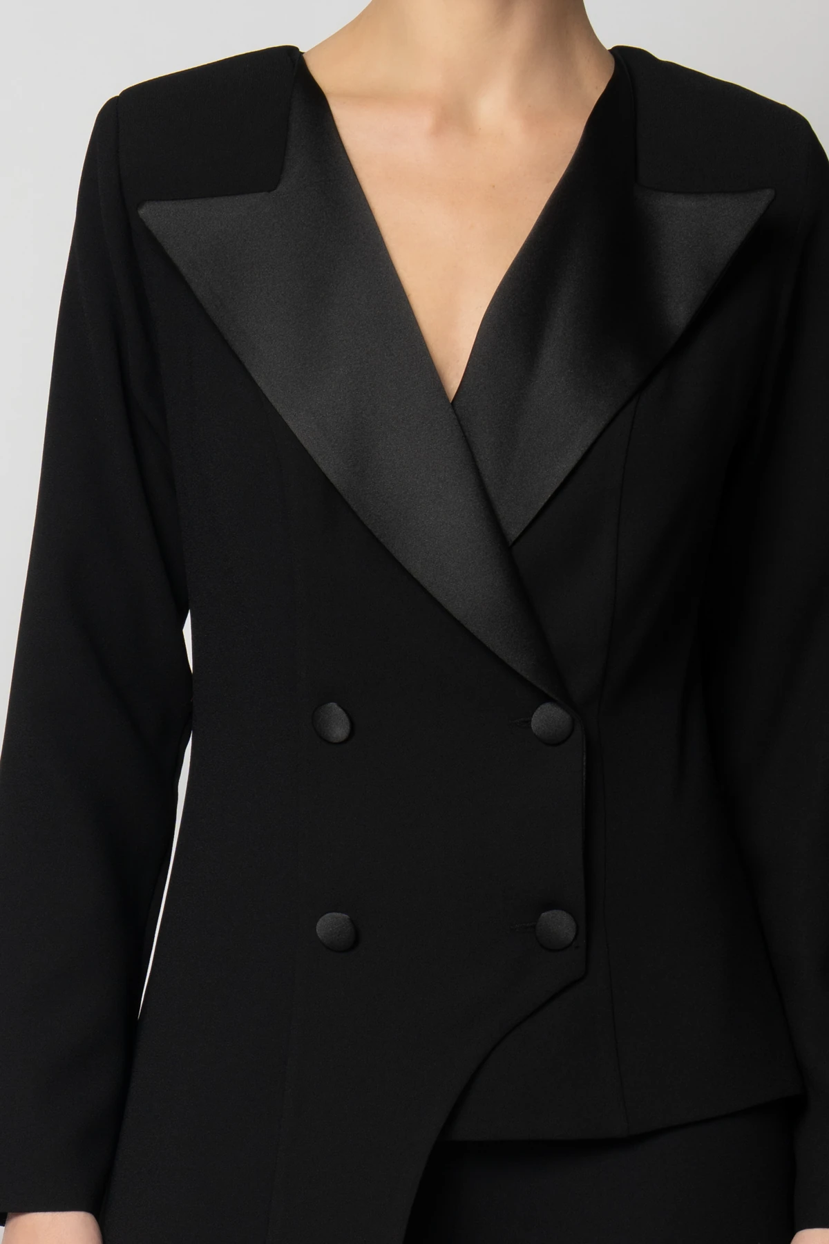 Tek taraftan uzun ceketli pantolon krep abiye takım - Siyah