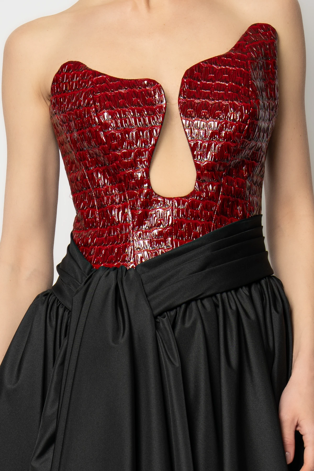 Deri büstiyerli belden parça detaylı tafta etekli abiye elbise - Bordo