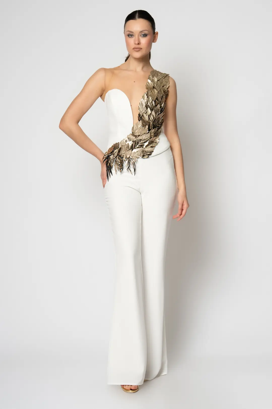 RENGIN branded Two-Piece Crepe Evening Set with Patent Leaf Detail from ...