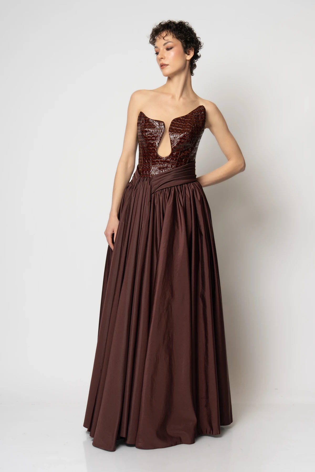 Deri büstiyerli belden parça detaylı tafta etekli abiye elbise - Kahverengi