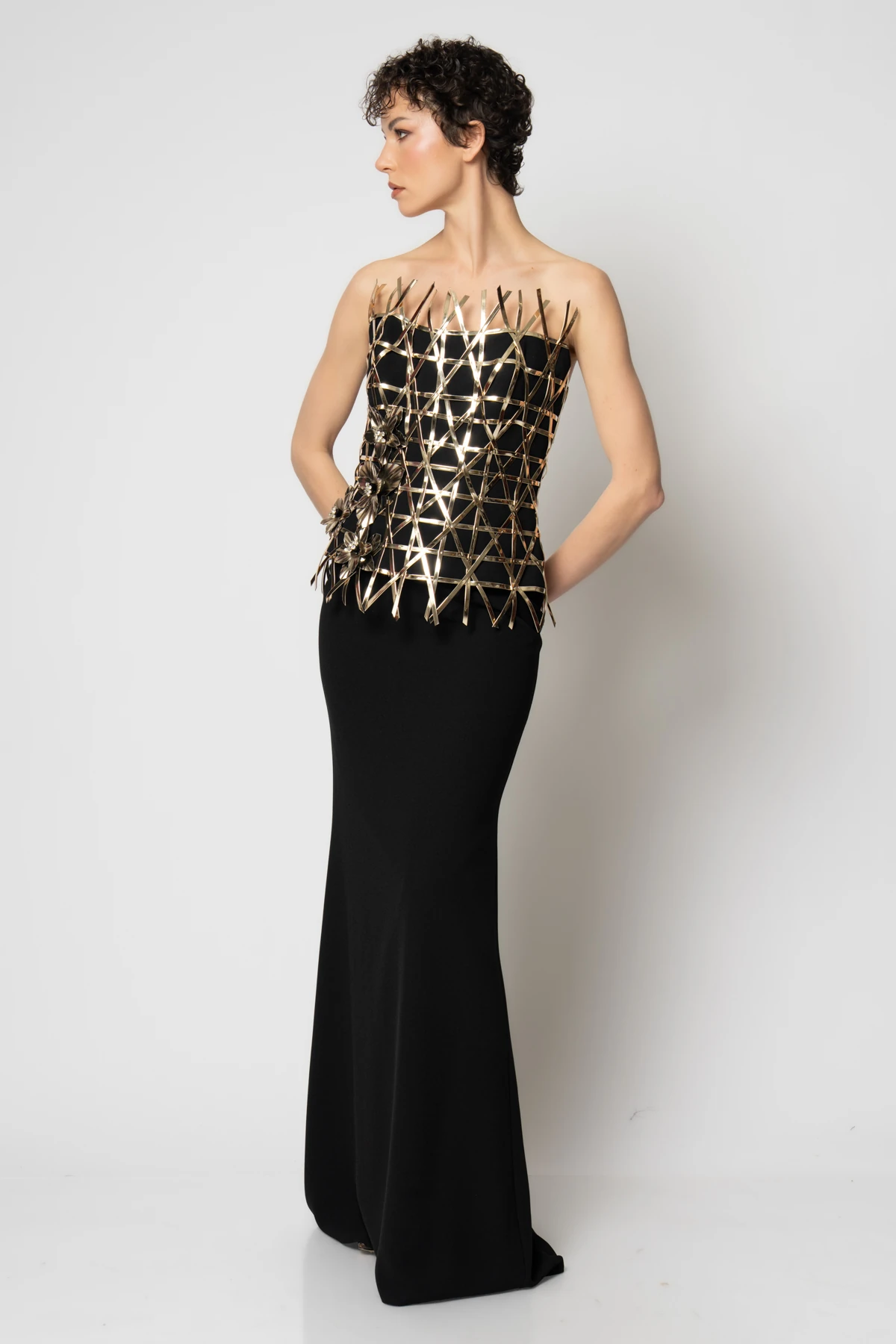 Büstiyeri çapraz örgü deri biyeli krep etekli ikili abiye takım - Siyah