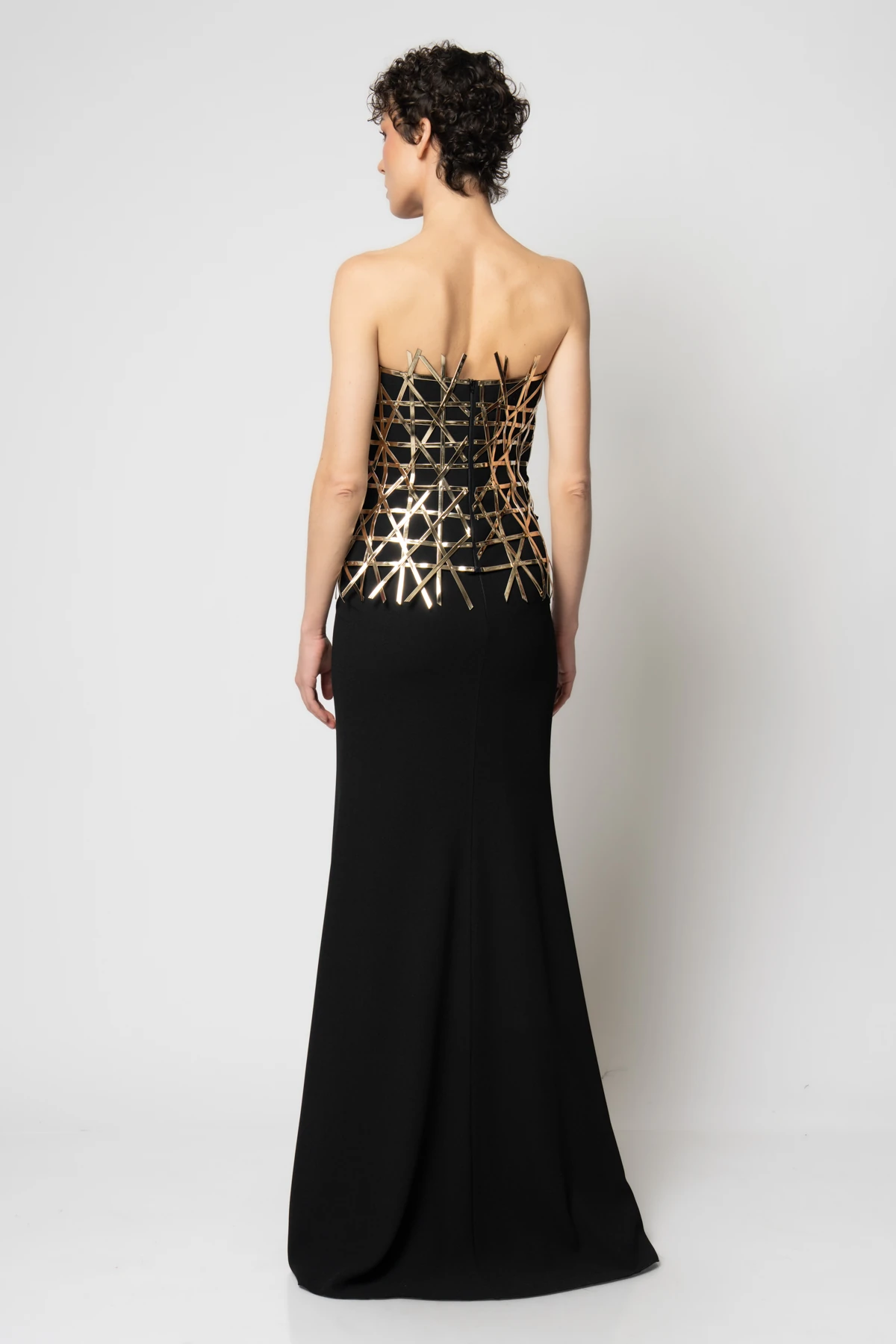 Büstiyeri çapraz örgü deri biyeli krep etekli ikili abiye takım - Siyah