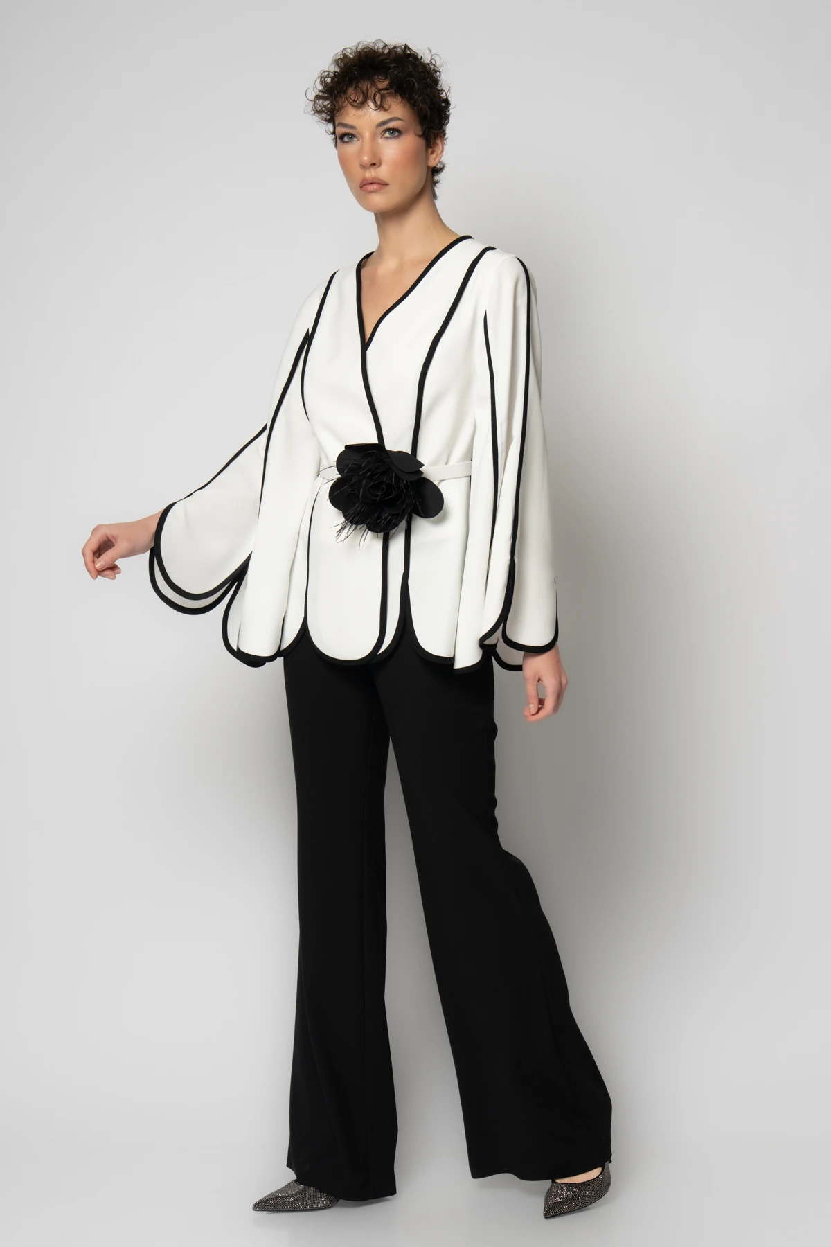 Dilim ceketli belinden çiçekli krep ikili abiye takım - Ekru