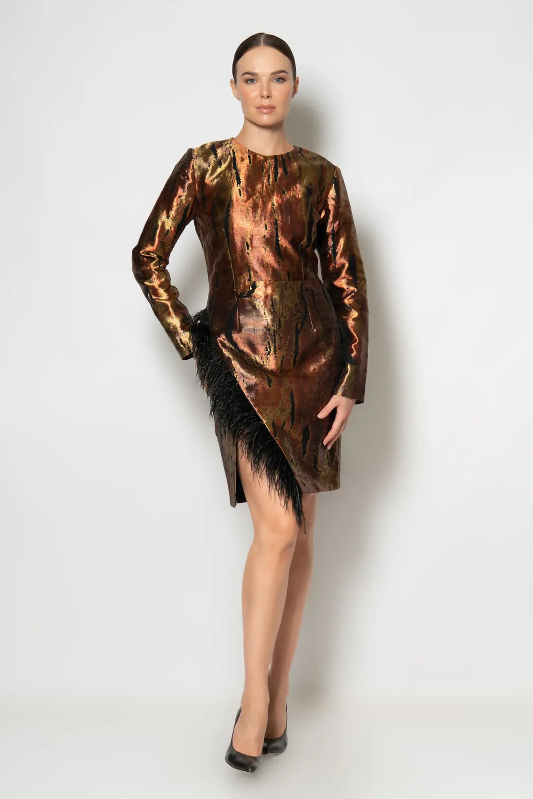 RENGIN branded Jacquard Mini Evening Dress with Long Sleeves, Diagonal ...