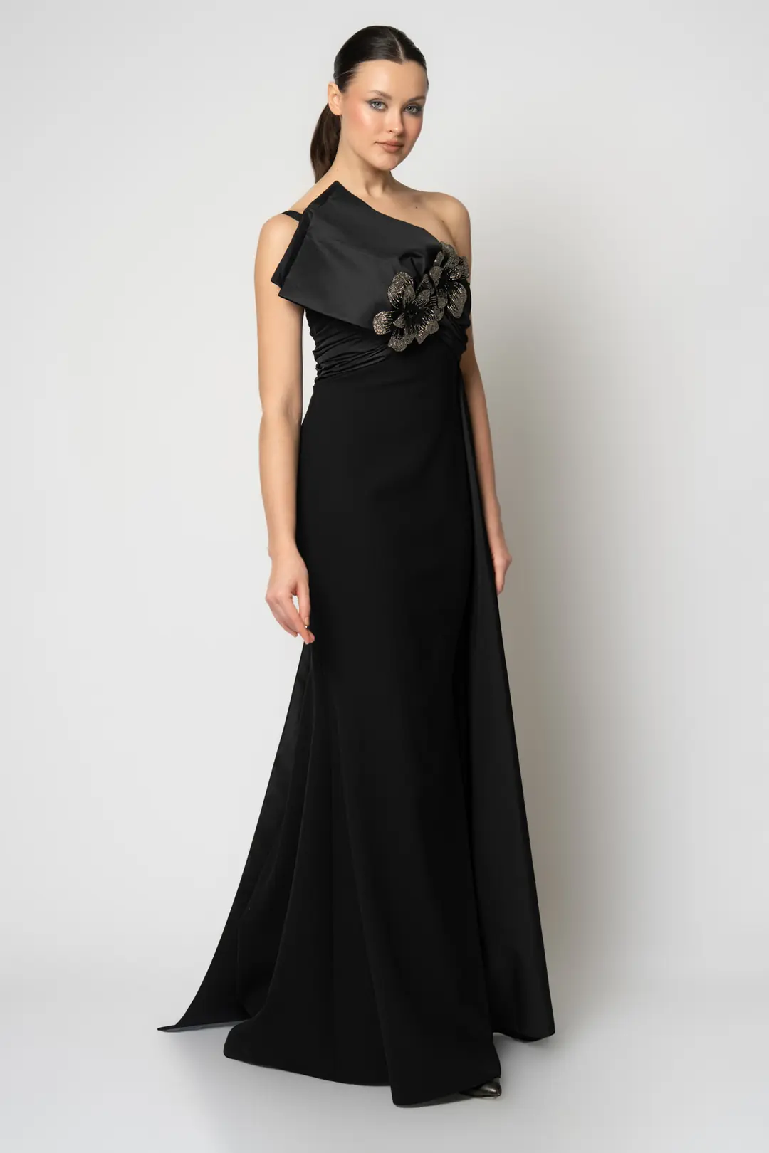 RENGIN branded Crepe Evening Dress with Taffeta Panels and Double ...