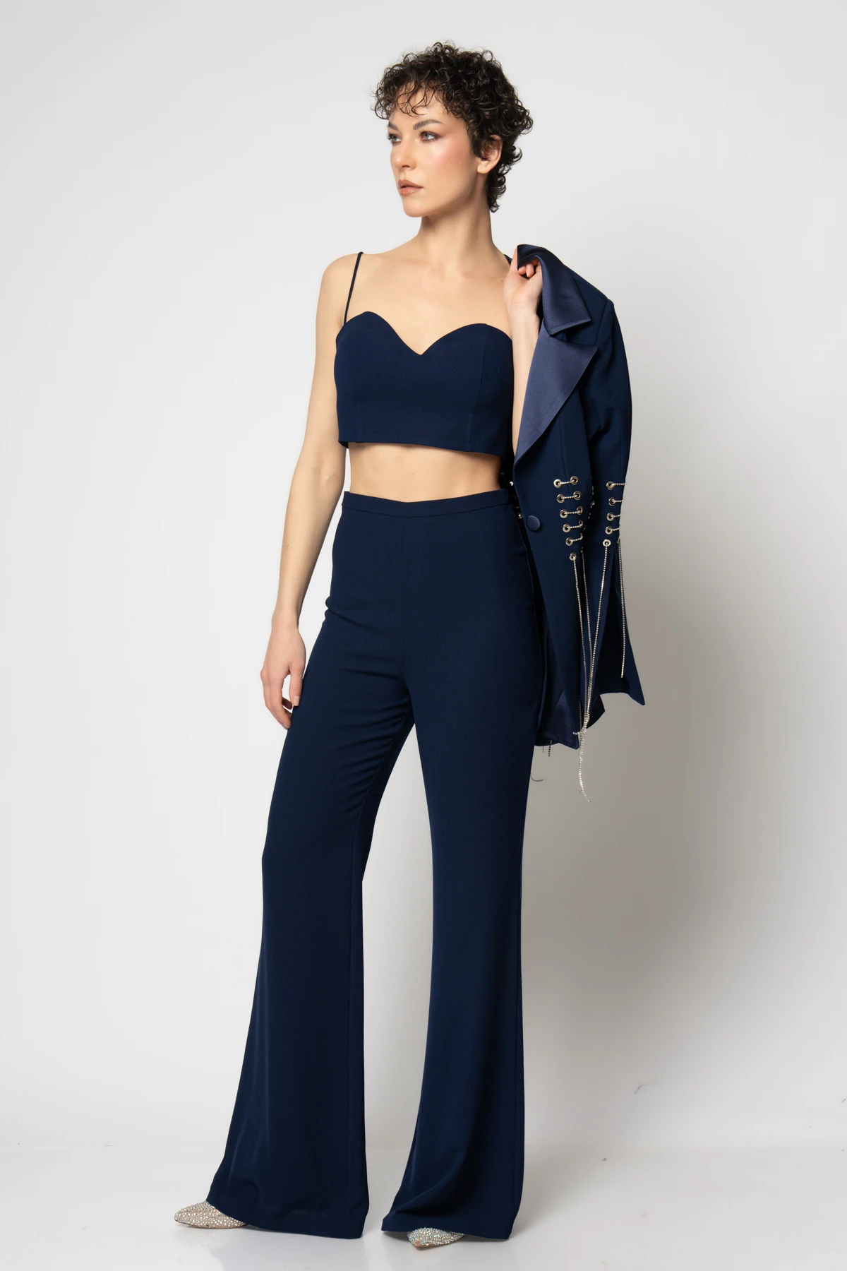 Kuş gözlü detaylı krep ceket krop pantolon üçlü abiye takım - Lacivert