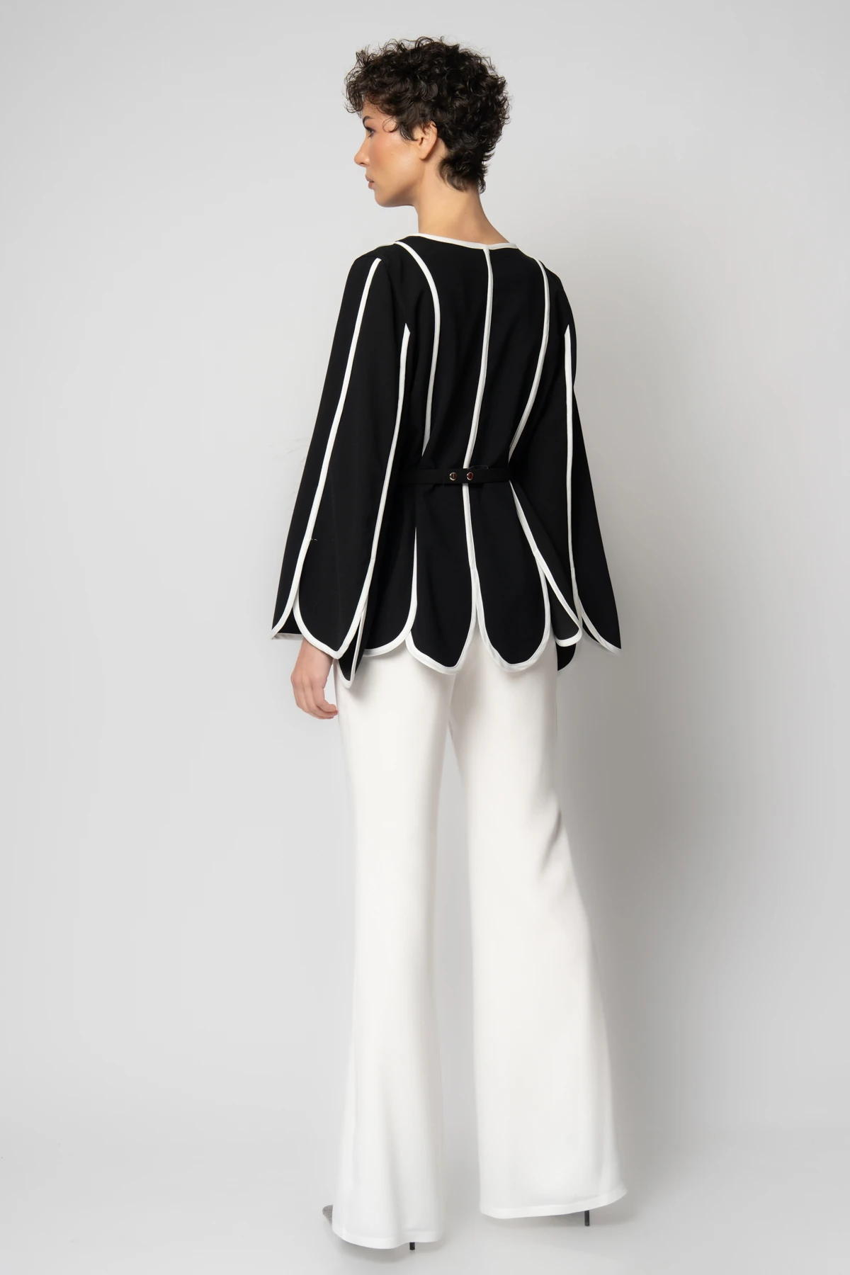 Dilim ceketli belinden çiçekli krep ikili abiye takım - Siyah-Ekru